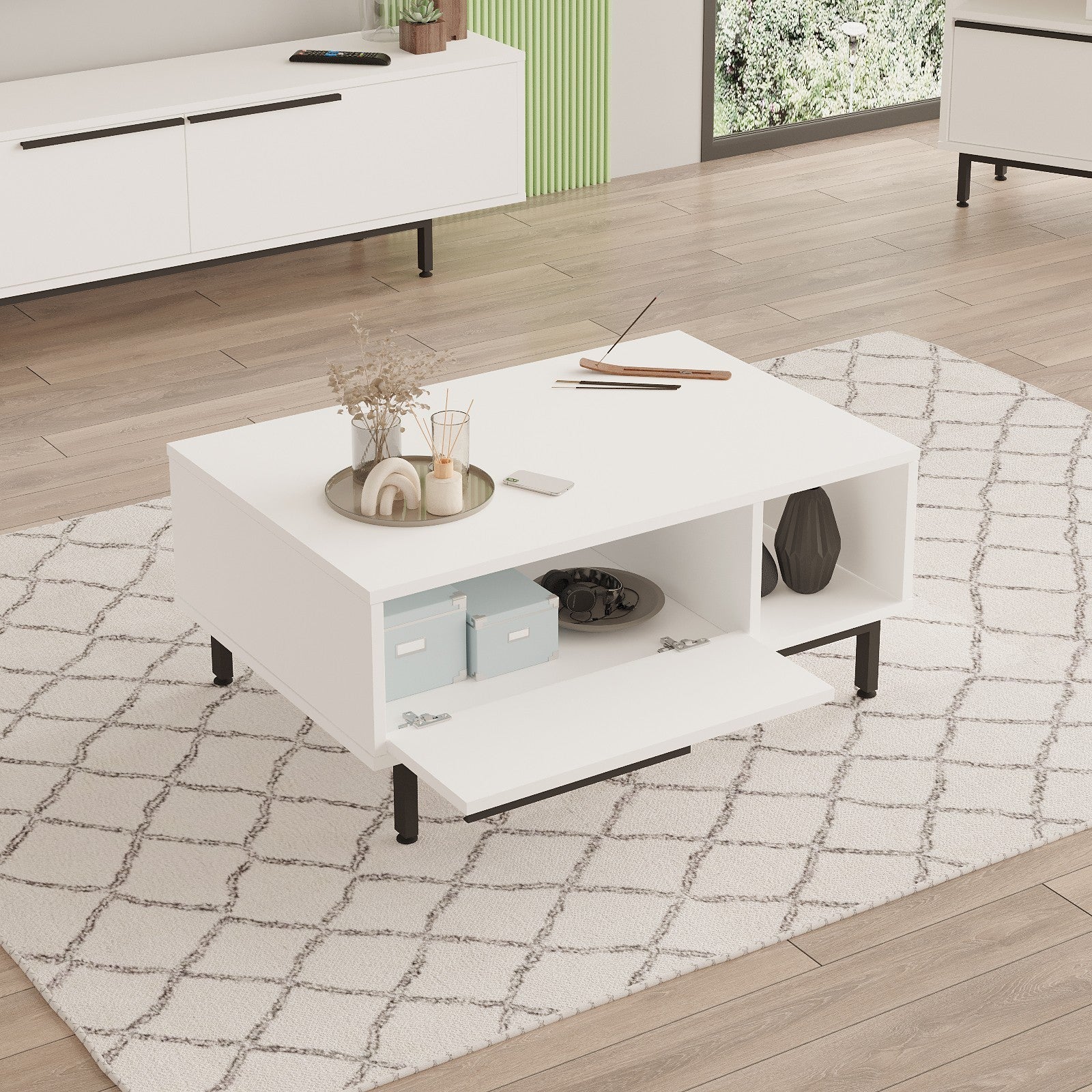 Mesa de Centro Branca Moderna, 90 x 60 x 37,6 cm | Painel de Partículas 100% Revestido em Melamina, 18 mm de Espessura | Pernas de Metal Resistente, Design Elegante e Funcional