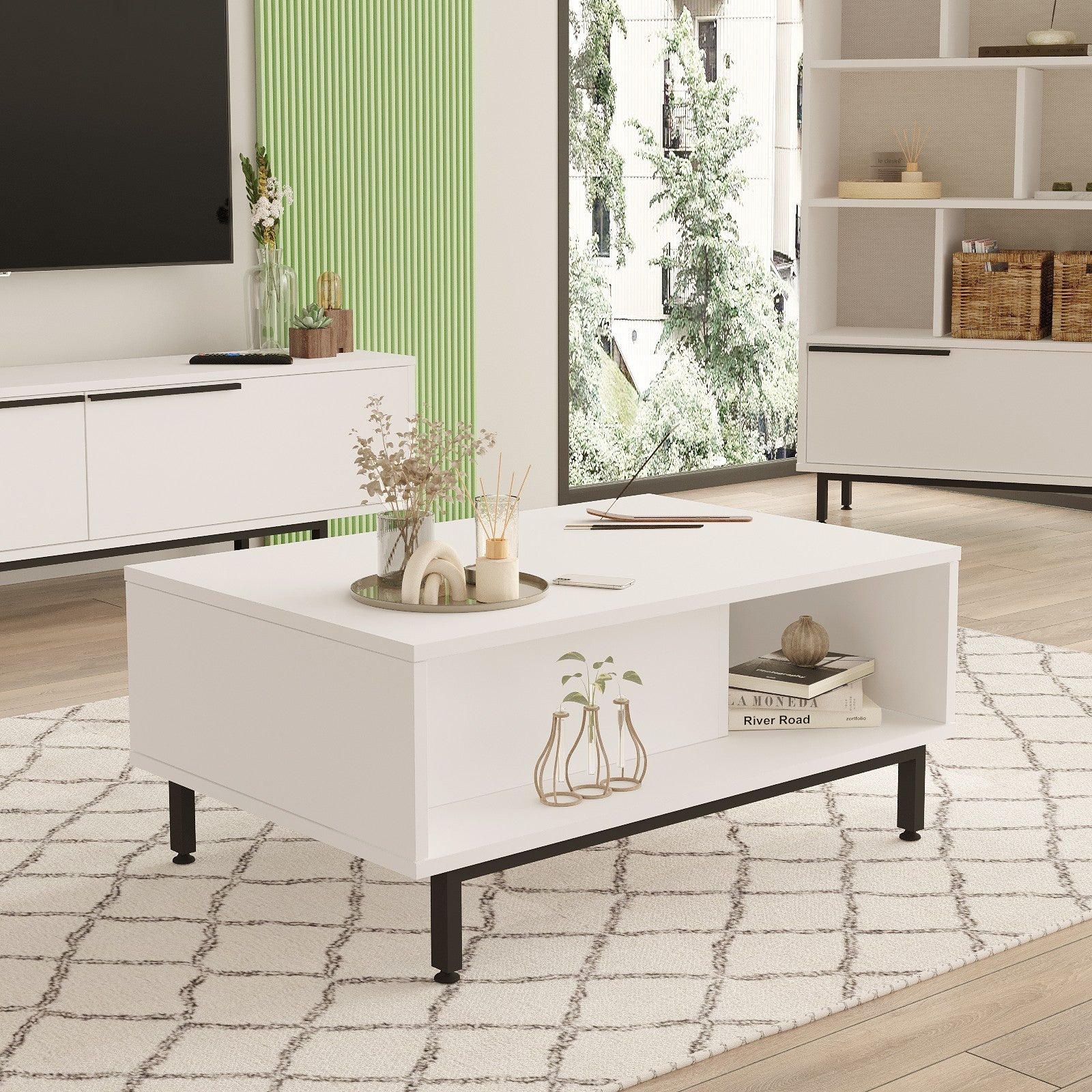 Mesa de Centro Branca Moderna, 90 x 60 x 37,6 cm | Painel de Partículas 100% Revestido em Melamina, 18 mm de Espessura | Pernas de Metal Resistente, Design Elegante e Funcional