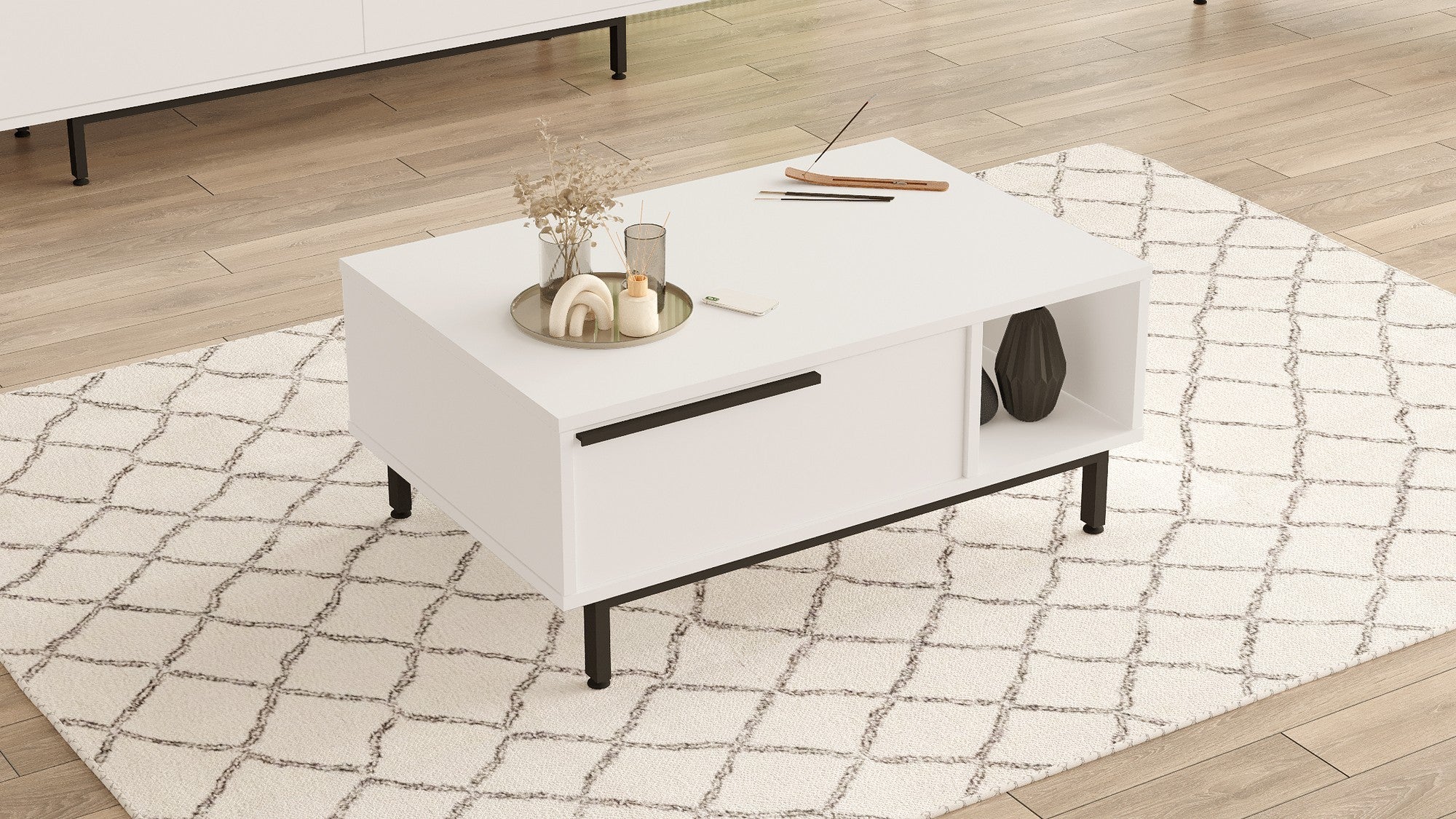 Mesa de Centro Branca Moderna, 90 x 60 x 37,6 cm | Painel de Partículas 100% Revestido em Melamina, 18 mm de Espessura | Pernas de Metal Resistente, Design Elegante e Funcional
