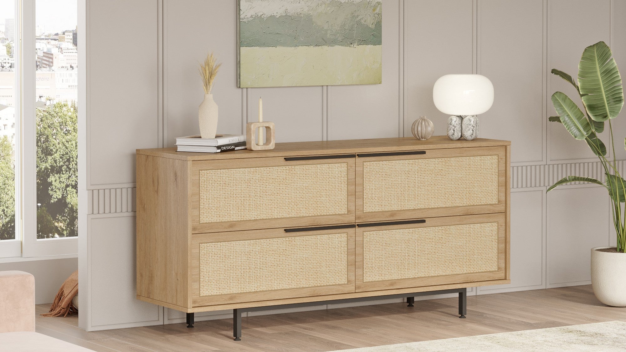 Aparador Elegante, Acabamento em Nogueira e Carvalho, 160 x 74,3 x 44,5 cm | Revestimento 100% Melamina, Pernas de Metal, Revestimento UV | Perfeita para Espaços Modernos