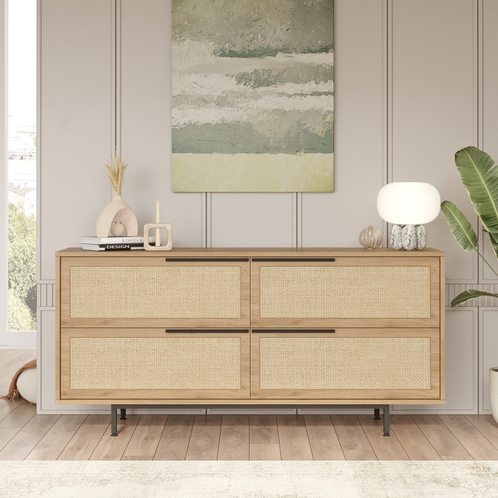 Aparador Elegante, Acabamento em Nogueira e Carvalho, 160 x 74,3 x 44,5 cm | Revestimento 100% Melamina, Pernas de Metal, Revestimento UV | Perfeita para Espaços Modernos