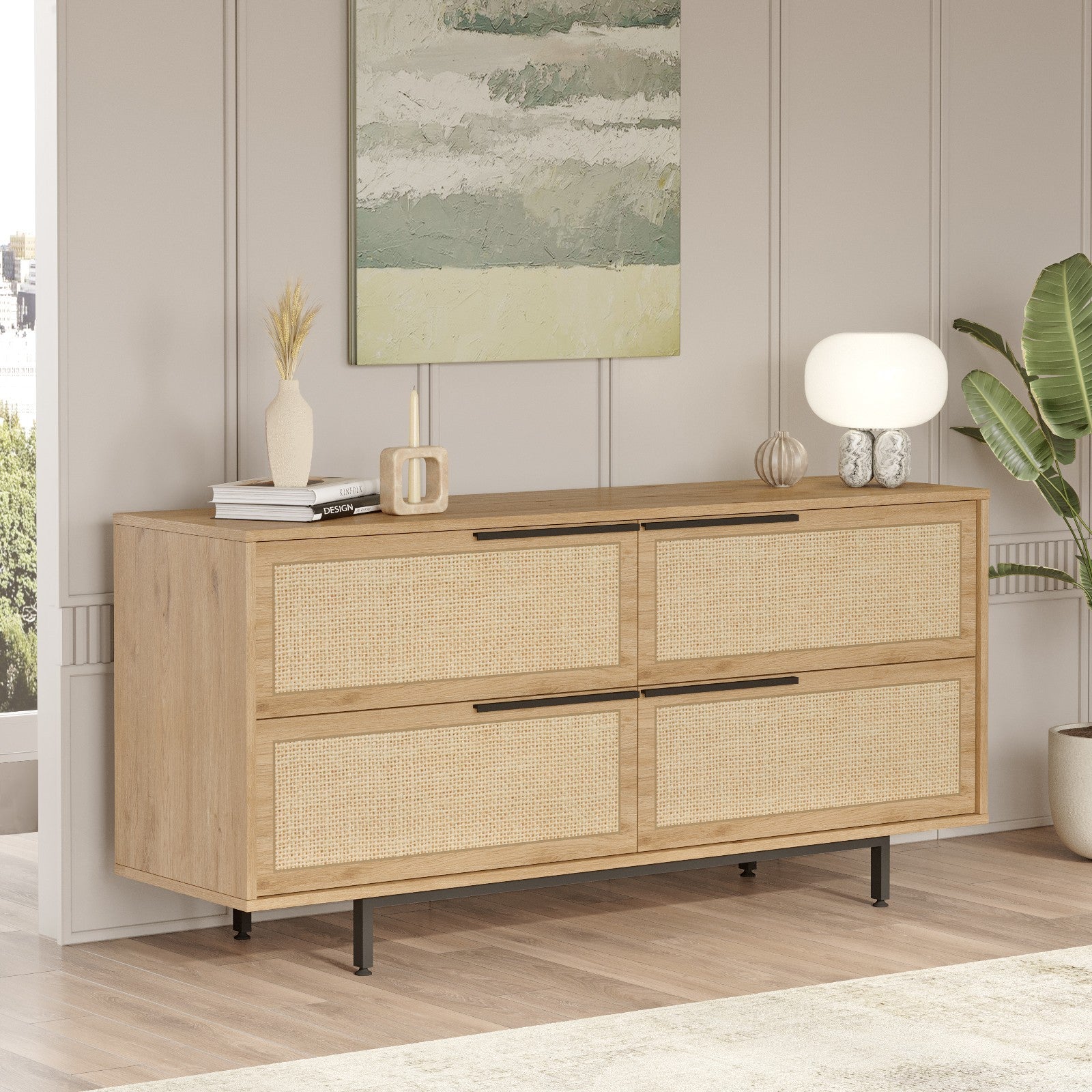 Aparador Elegante, Acabamento em Nogueira e Carvalho, 160 x 74,3 x 44,5 cm | Revestimento 100% Melamina, Pernas de Metal, Revestimento UV | Perfeita para Espaços Modernos