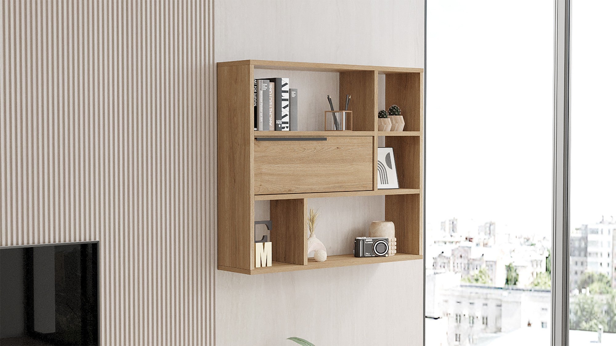 Prateleira de parede elegante em nogueira, 90,1 x 81 x 22 cm | Painel de partículas 100% revestido em melamina, 18 mm de espessura | Solução de armazenamento elegante para casas modernas
