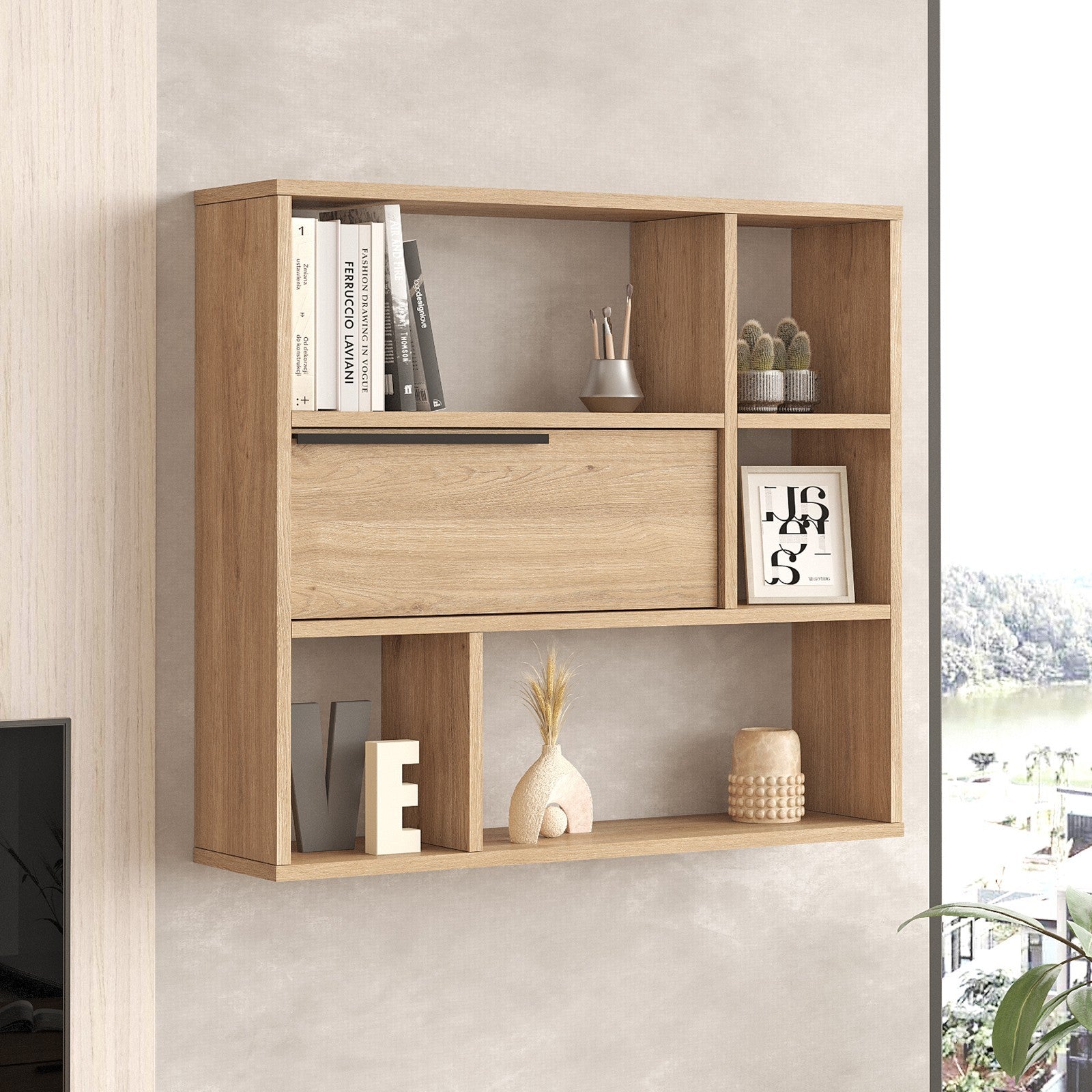 Prateleira de parede elegante em nogueira, 90,1 x 81 x 22 cm | Painel de partículas 100% revestido em melamina, 18 mm de espessura | Solução de armazenamento elegante para casas modernas