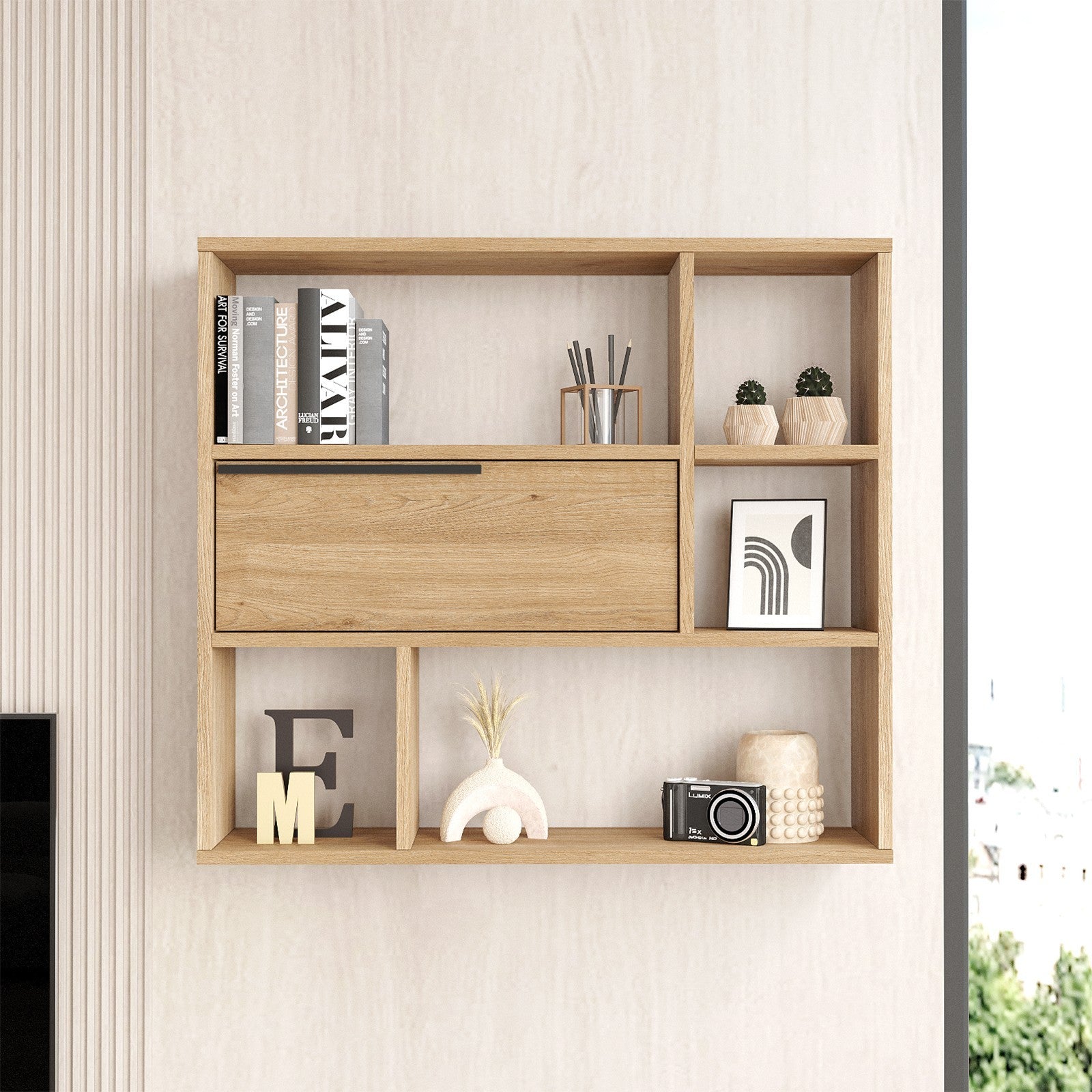 Prateleira de parede elegante em nogueira, 90,1 x 81 x 22 cm | Painel de partículas 100% revestido em melamina, 18 mm de espessura | Solução de armazenamento elegante para casas modernas