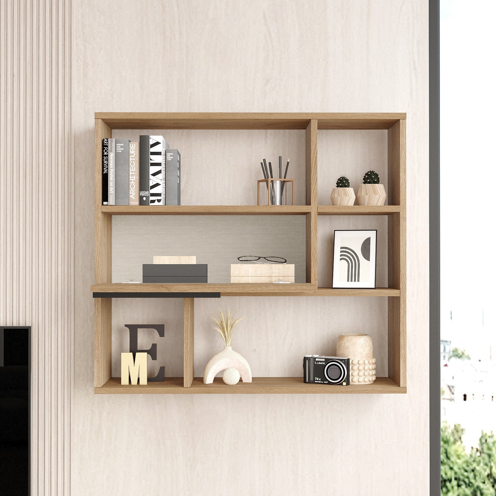 Prateleira de parede elegante em nogueira, 90,1 x 81 x 22 cm | Painel de partículas 100% revestido em melamina, 18 mm de espessura | Solução de armazenamento elegante para casas modernas
