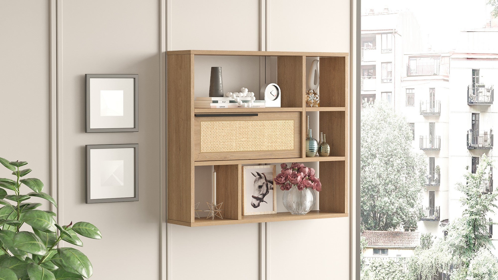 Prateleira de parede elegante, 90,1 cm x 81 cm x 22 cm | Painel de partículas 100% revestido com melamina, revestimento UV | Acabamento em nogueira e carvalho, perfeito para decoração moderna