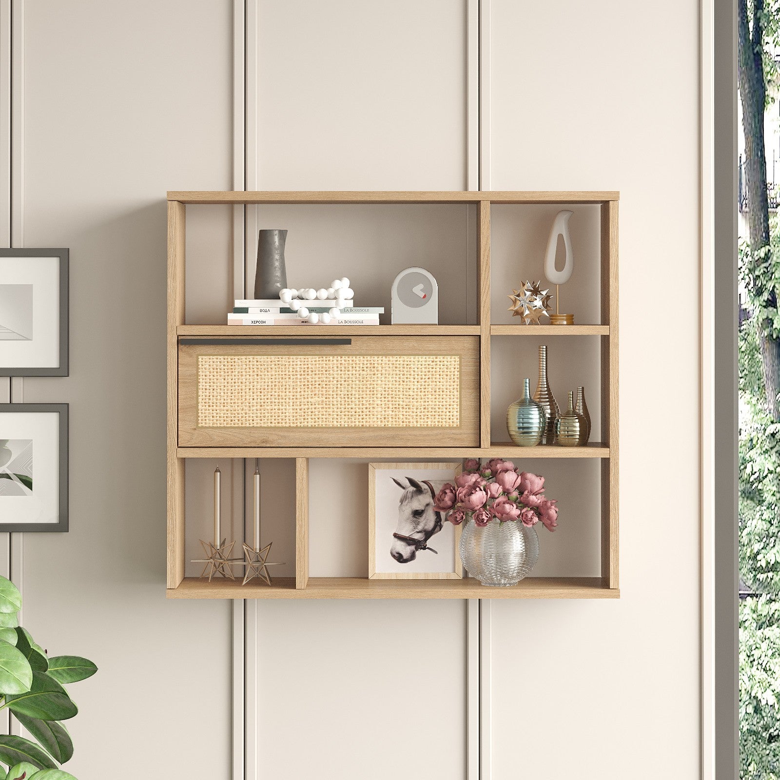 Prateleira de parede elegante, 90,1 cm x 81 cm x 22 cm | Painel de partículas 100% revestido com melamina, revestimento UV | Acabamento em nogueira e carvalho, perfeito para decoração moderna