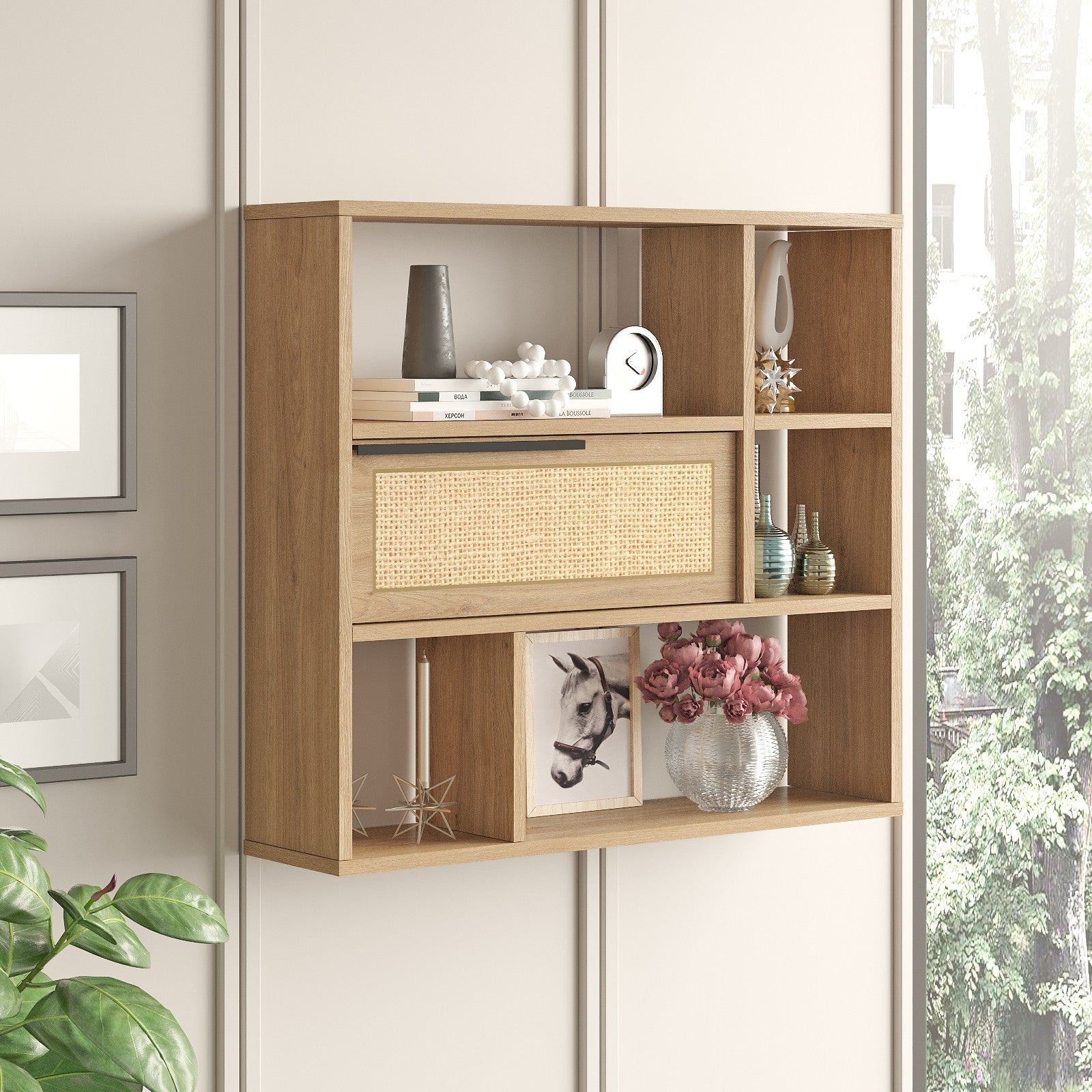 Prateleira de parede elegante, 90,1 cm x 81 cm x 22 cm | Painel de partículas 100% revestido com melamina, revestimento UV | Acabamento em nogueira e carvalho, perfeito para decoração moderna