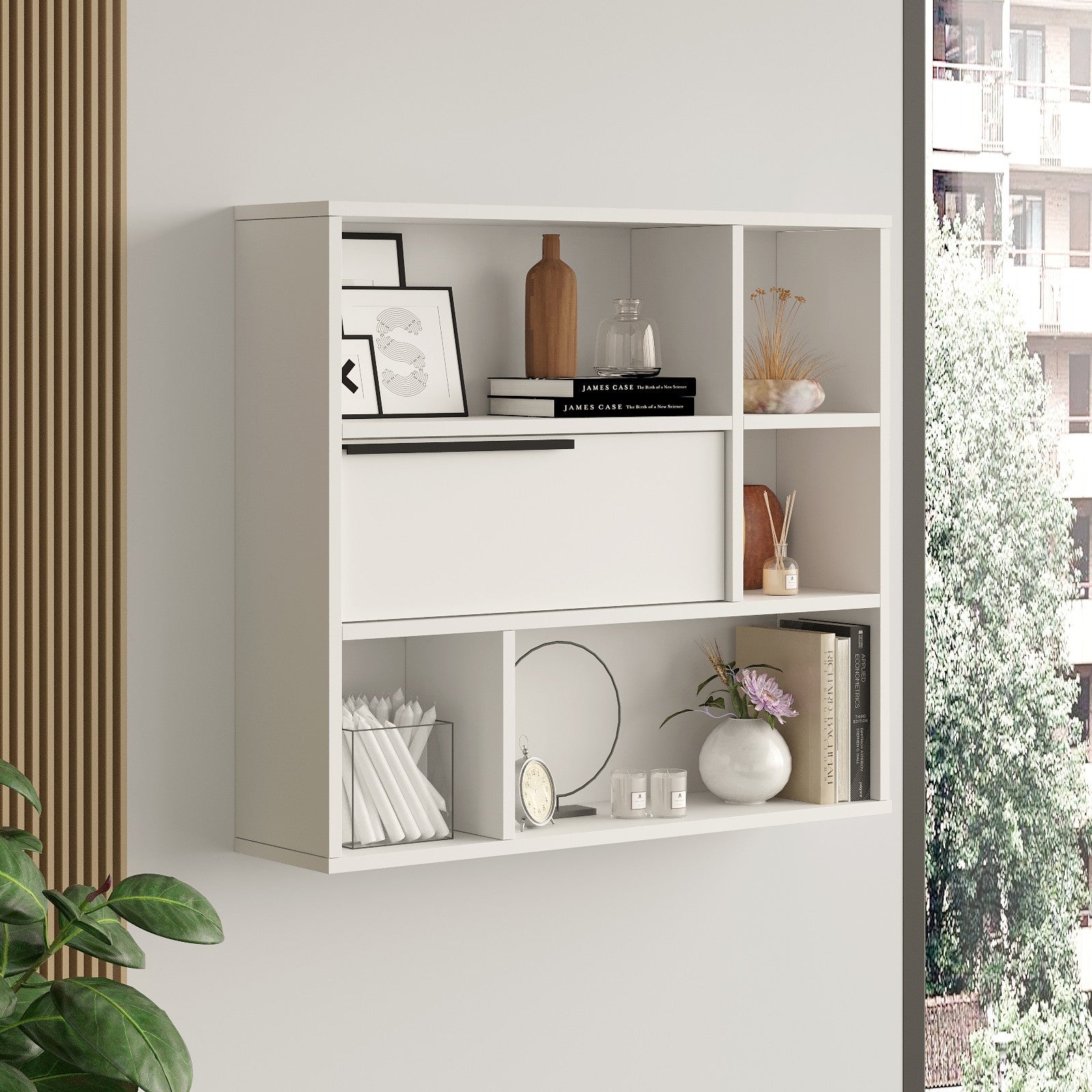 Prateleira de parede branca elegante, 90,1 x 81 x 22 cm | Painel de partículas 100% revestido de melamina, 18 mm de espessura | Perfeito para decoração e organização de casa moderna