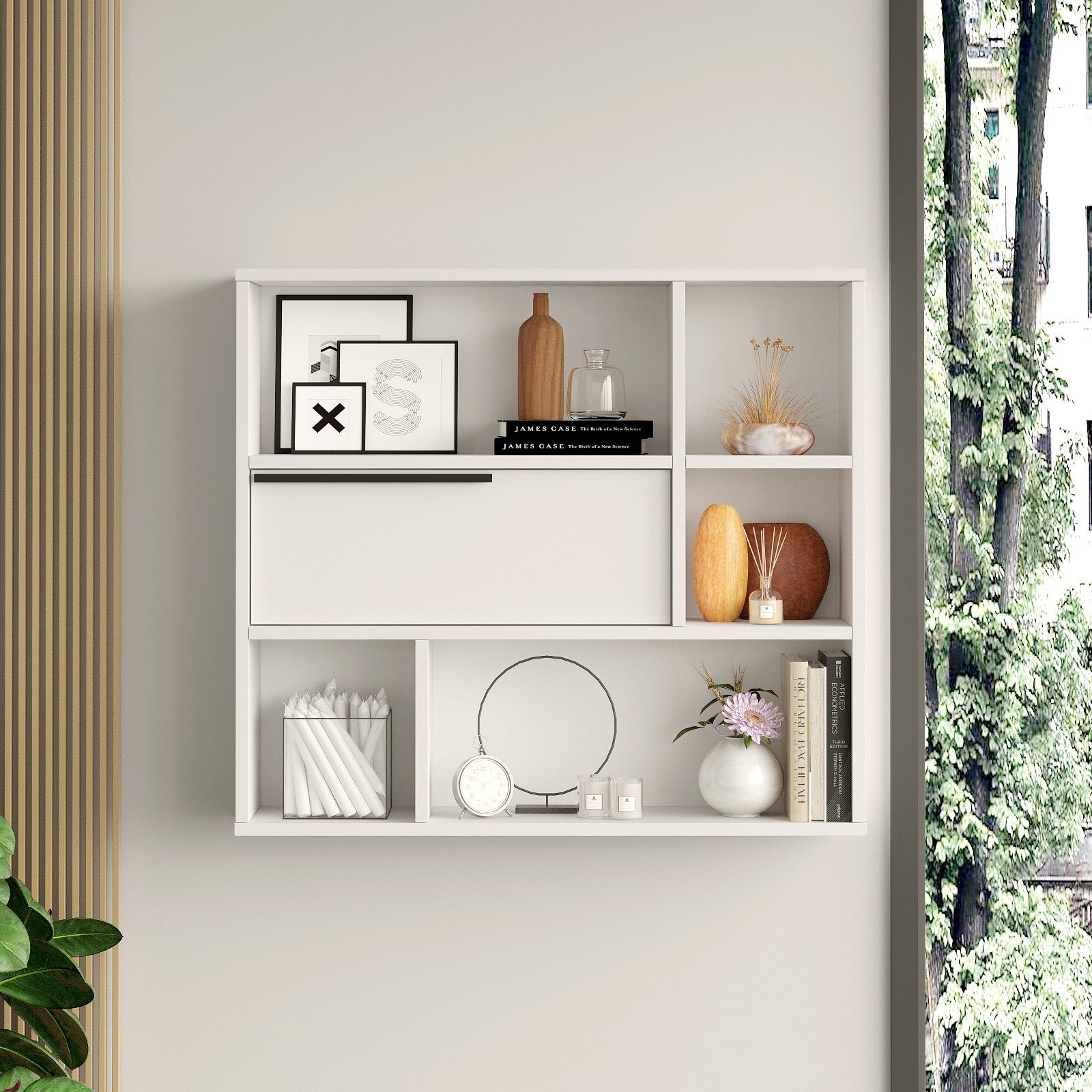 Prateleira de parede branca elegante, 90,1 x 81 x 22 cm | Painel de partículas 100% revestido de melamina, 18 mm de espessura | Perfeito para decoração e organização de casa moderna