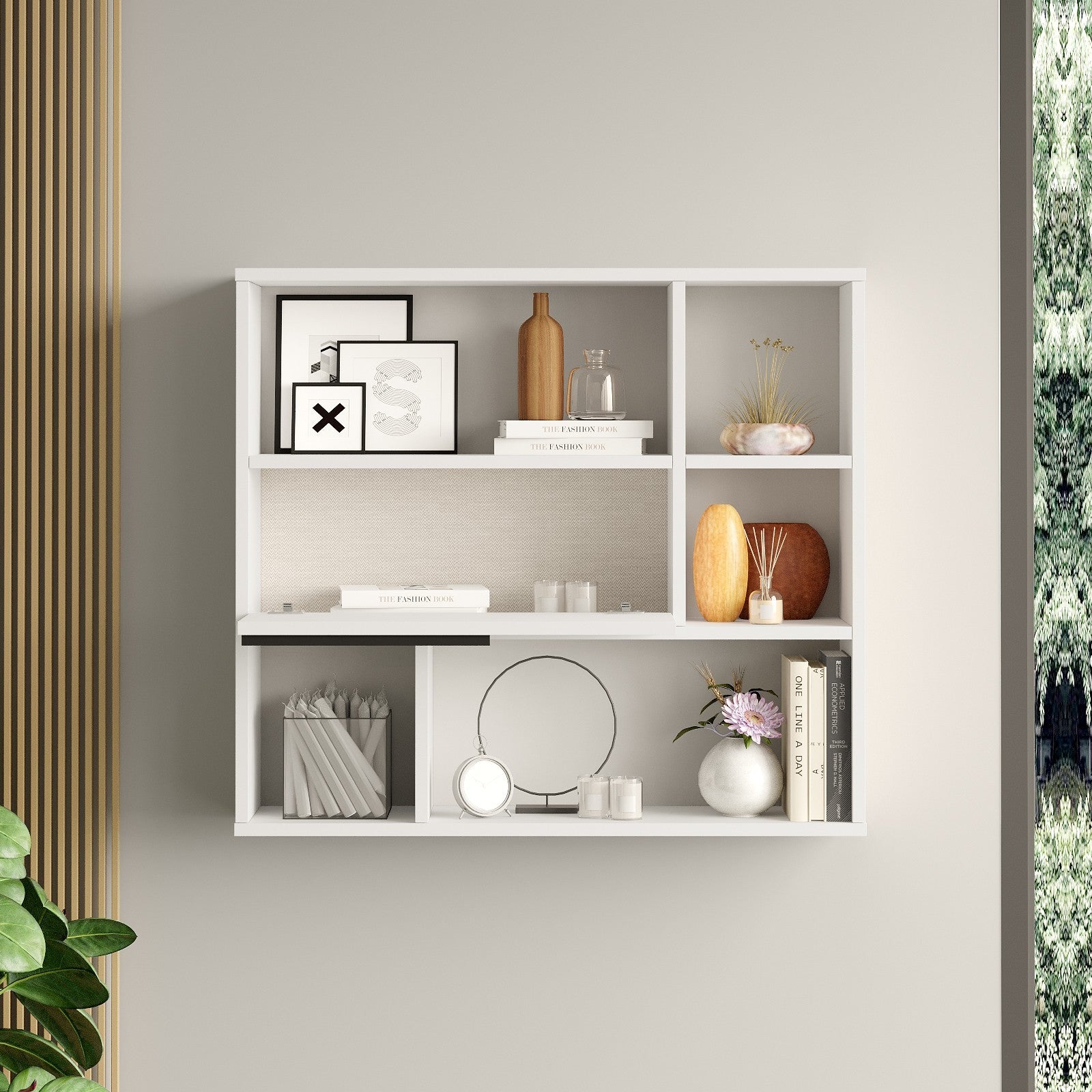 Prateleira de parede branca elegante, 90,1 x 81 x 22 cm | Painel de partículas 100% revestido de melamina, 18 mm de espessura | Perfeito para decoração e organização de casa moderna