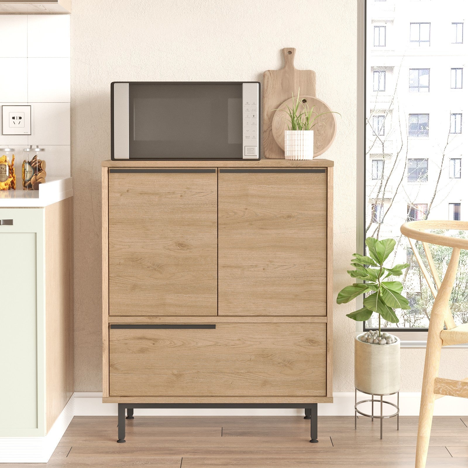 Armário de cozinha elegante em nogueira, 74,8 x 90,4 x 35,5 cm | Painel de partículas 100% revestido em melamina, 18 mm de espessura | Pés de metal resistentes, perfeito para espaços modernos