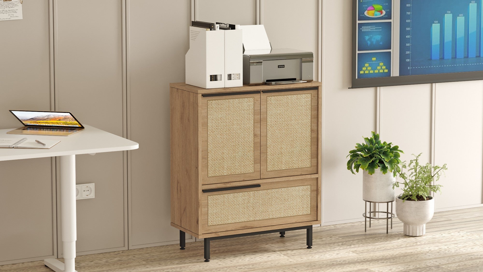 Armário multifuncional versátil, acabamento em nogueira e carvalho, 74,8 x 90,4 x 35,5 cm | 100% revestido em melamina, 18 mm de espessura, pernas de metal, revestimento UV | Solução de armazenamento elegante