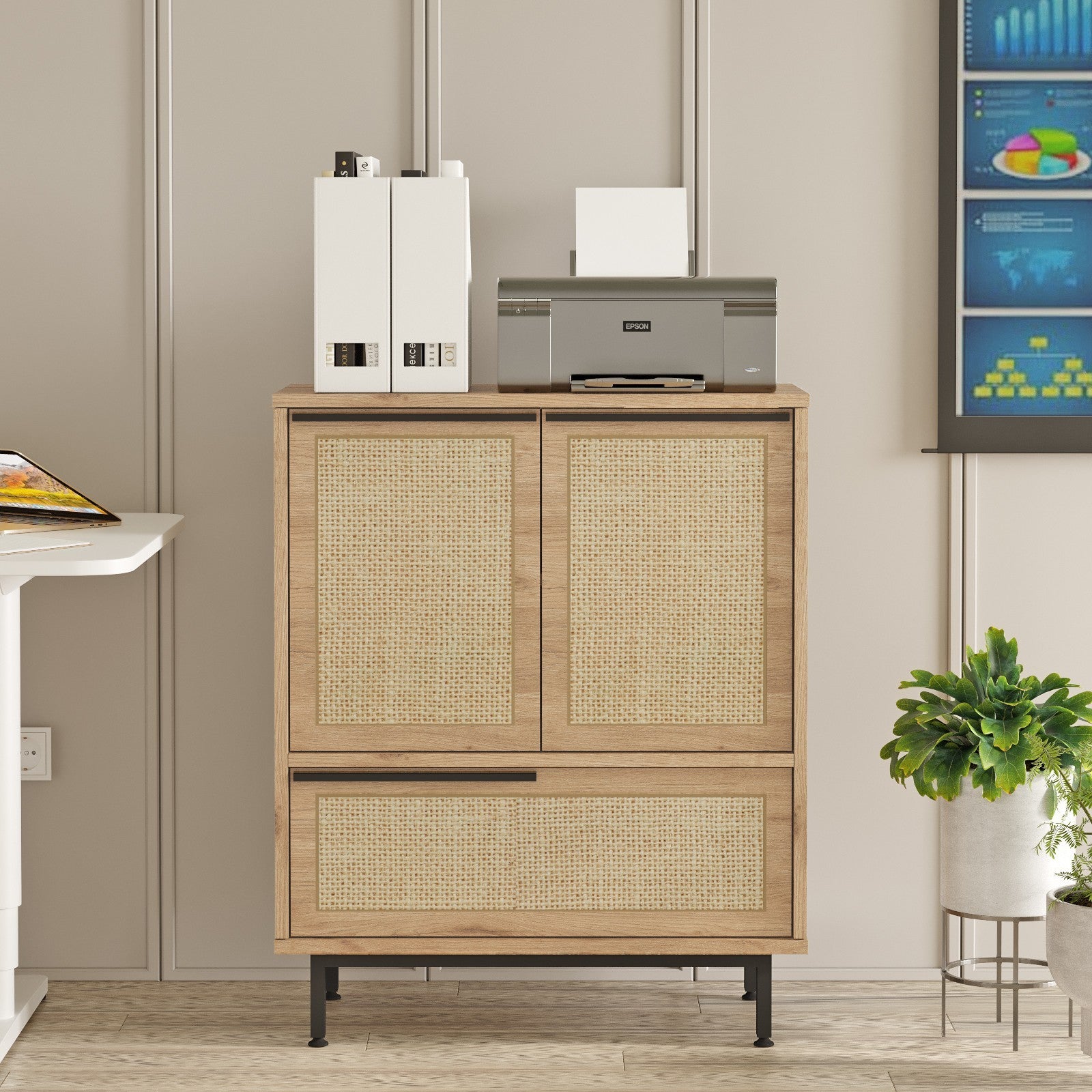 Armário multifuncional versátil, acabamento em nogueira e carvalho, 74,8 x 90,4 x 35,5 cm | 100% revestido em melamina, 18 mm de espessura, pernas de metal, revestimento UV | Solução de armazenamento elegante