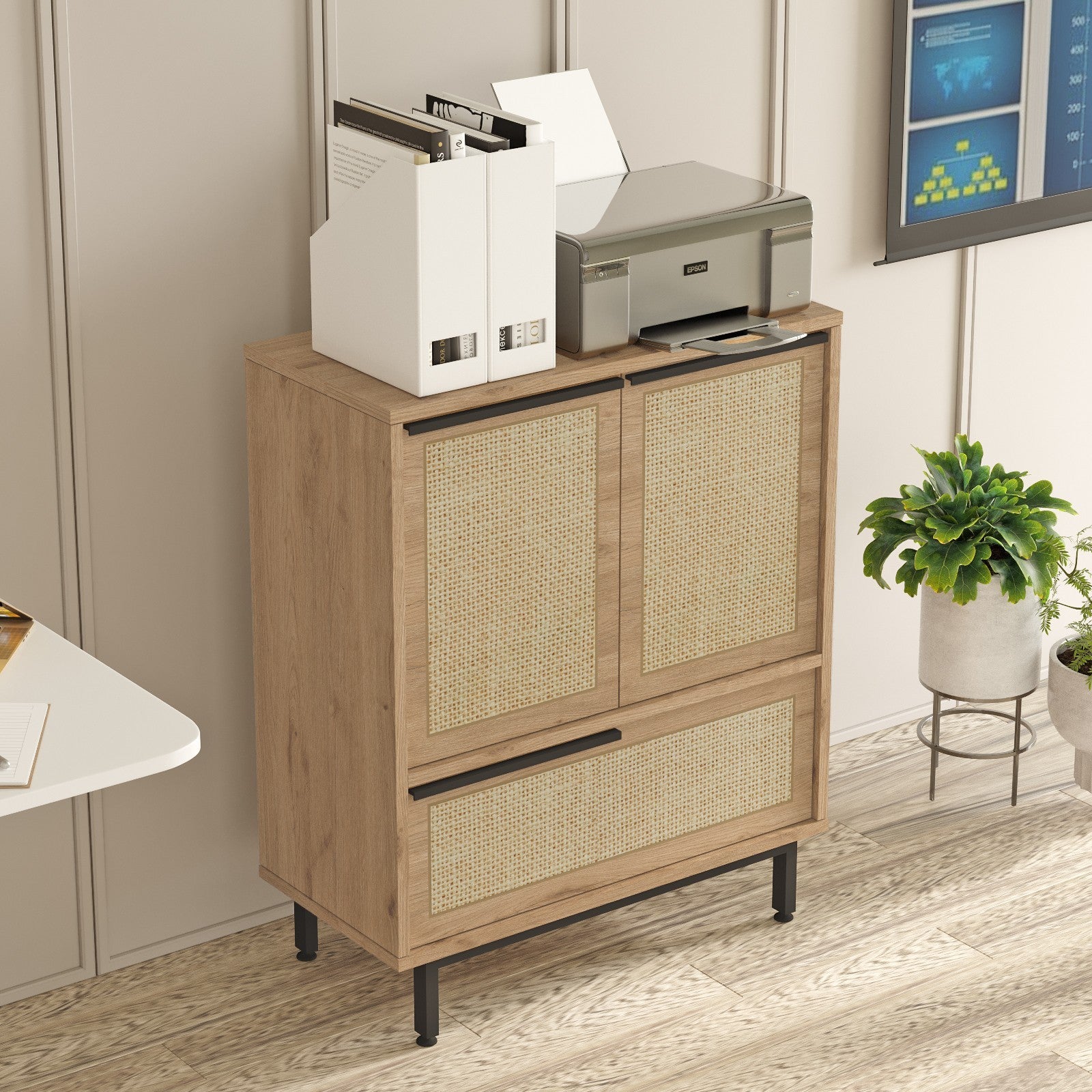 Armário multifuncional versátil, acabamento em nogueira e carvalho, 74,8 x 90,4 x 35,5 cm | 100% revestido em melamina, 18 mm de espessura, pernas de metal, revestimento UV | Solução de armazenamento elegante