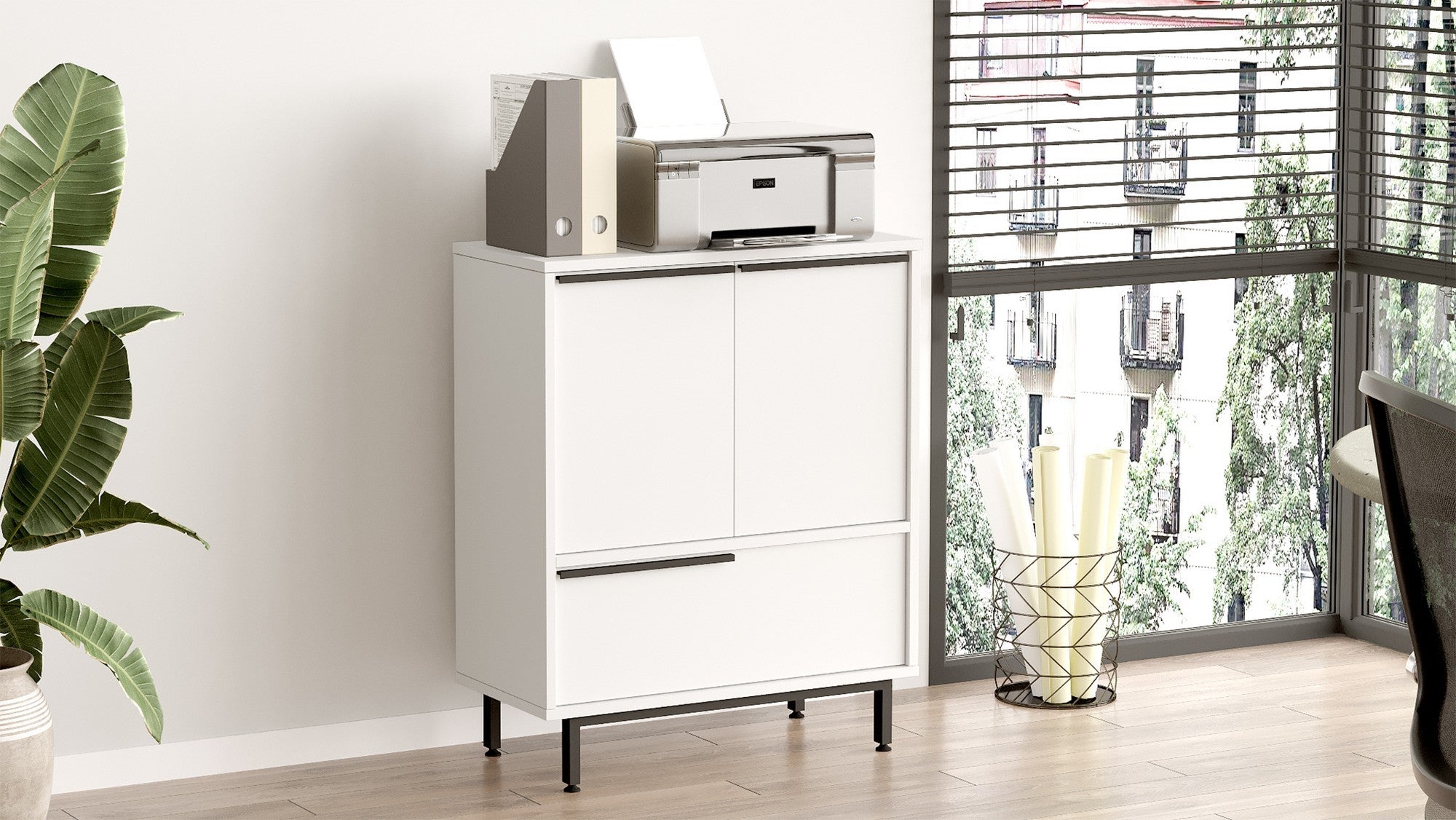 Armário multifuncional elegante, branco, 74,8 x 90,4 x 35,5 cm | Painel de partículas 100% revestido de melamina, 18 mm de espessura | Pés de metal duráveis, ideal para casa e escritório