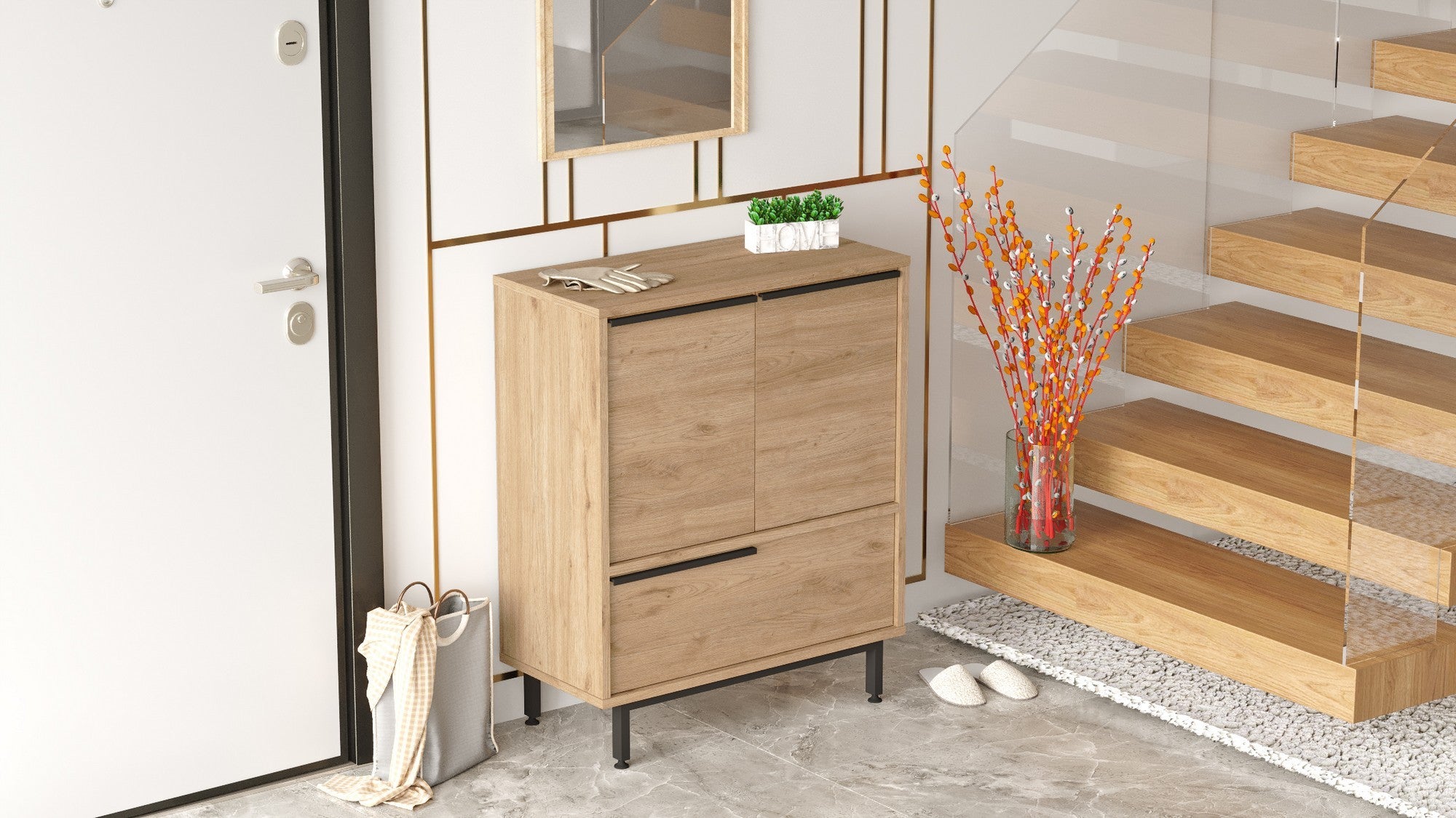 Sapateira estilosa com pés de metal, acabamento em nogueira, 74,8 x 90,4 x 35,5 cm | Painel de partículas 100% revestido em melamina, 18 mm de espessura | Perfeito para entradas modernas
