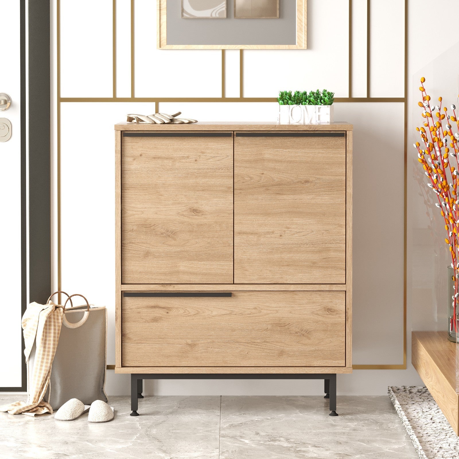 Sapateira estilosa com pés de metal, acabamento em nogueira, 74,8 x 90,4 x 35,5 cm | Painel de partículas 100% revestido em melamina, 18 mm de espessura | Perfeito para entradas modernas