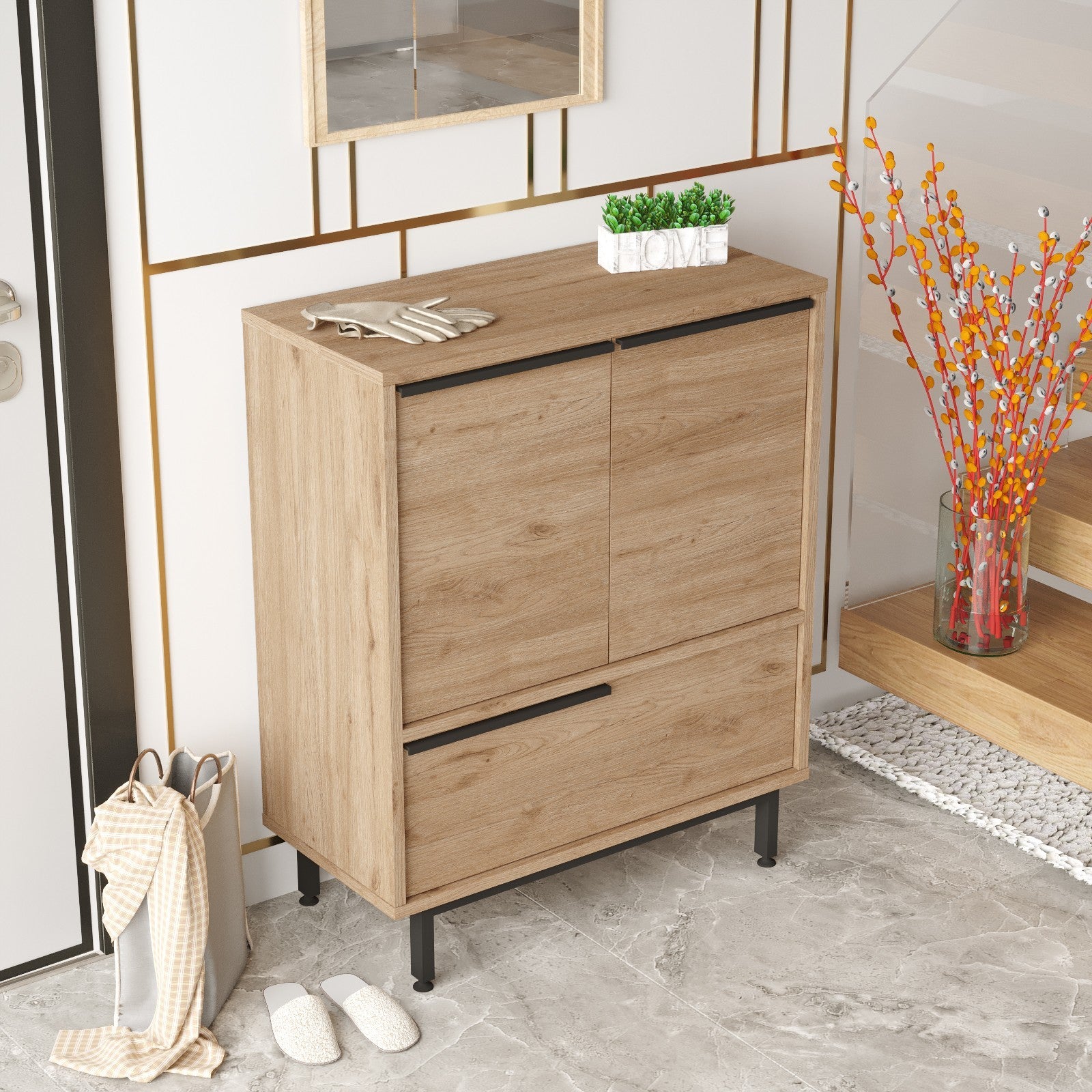 Sapateira estilosa com pés de metal, acabamento em nogueira, 74,8 x 90,4 x 35,5 cm | Painel de partículas 100% revestido em melamina, 18 mm de espessura | Perfeito para entradas modernas
