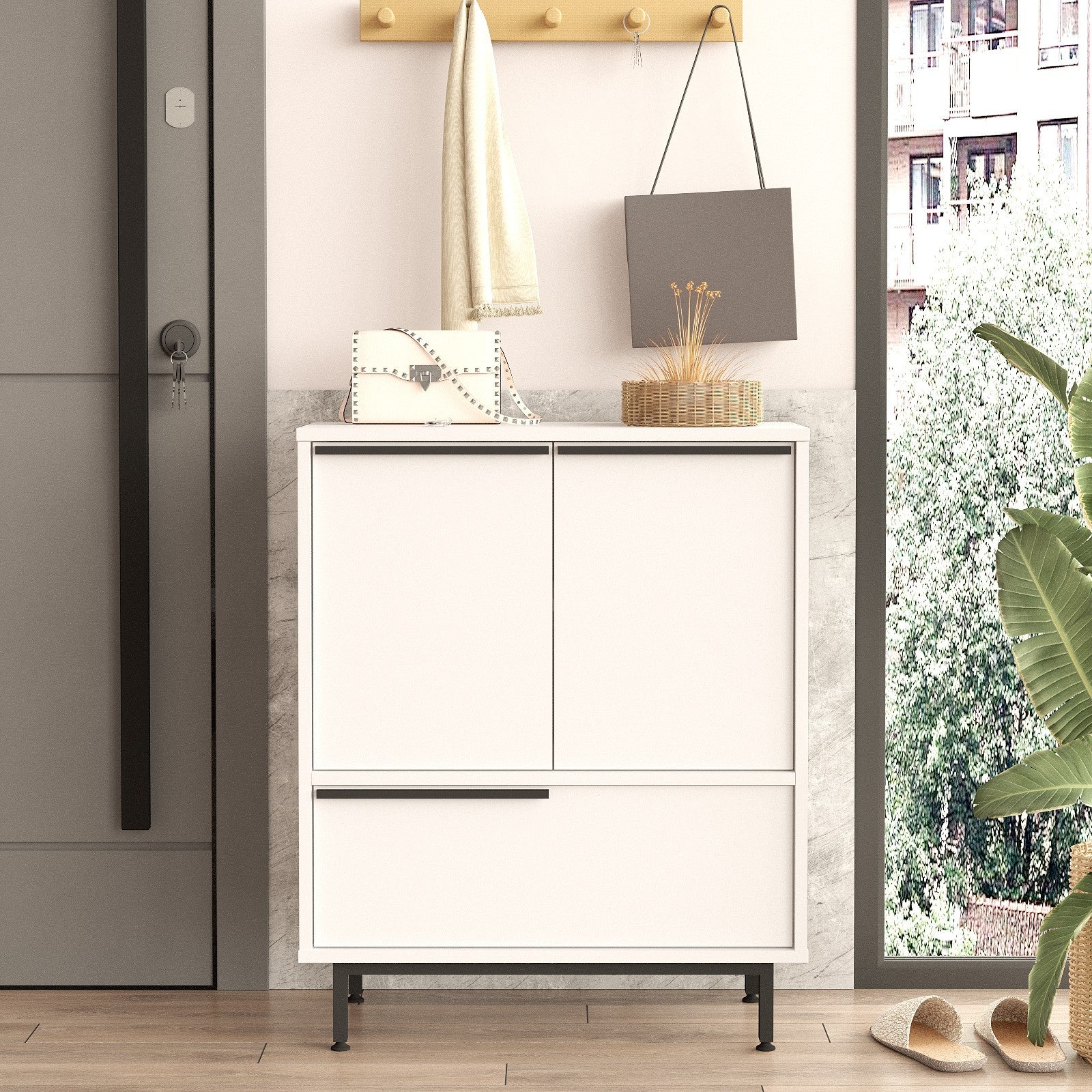 Elegante sapateira branca, 74,8 cm de largura, 90,4 cm de altura, 35,5 cm de profundidade | Painel de partículas 100% revestido de melamina, 18 mm de espessura, pés de metal | Solução de armazenamento moderna