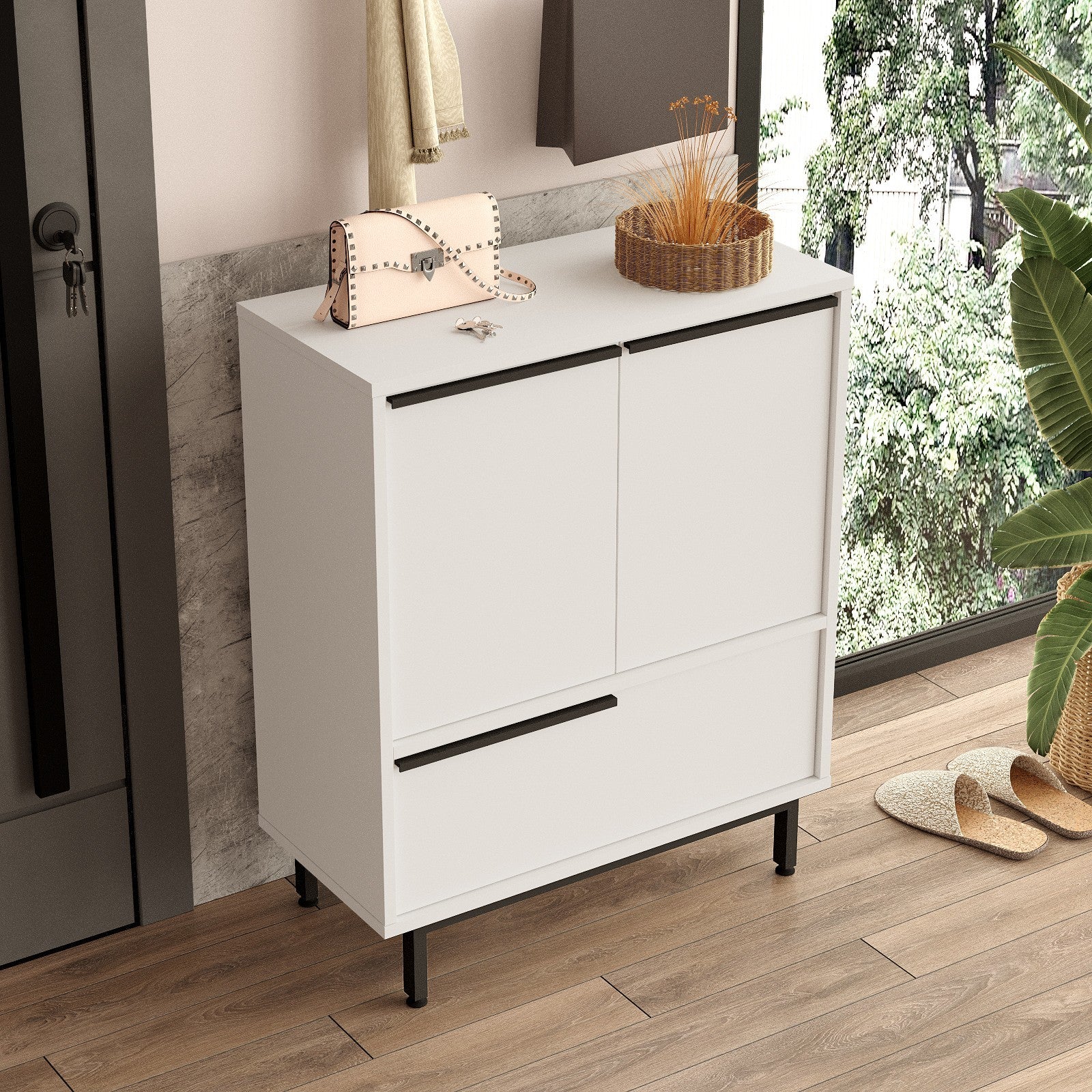 Elegante sapateira branca, 74,8 cm de largura, 90,4 cm de altura, 35,5 cm de profundidade | Painel de partículas 100% revestido de melamina, 18 mm de espessura, pés de metal | Solução de armazenamento moderna