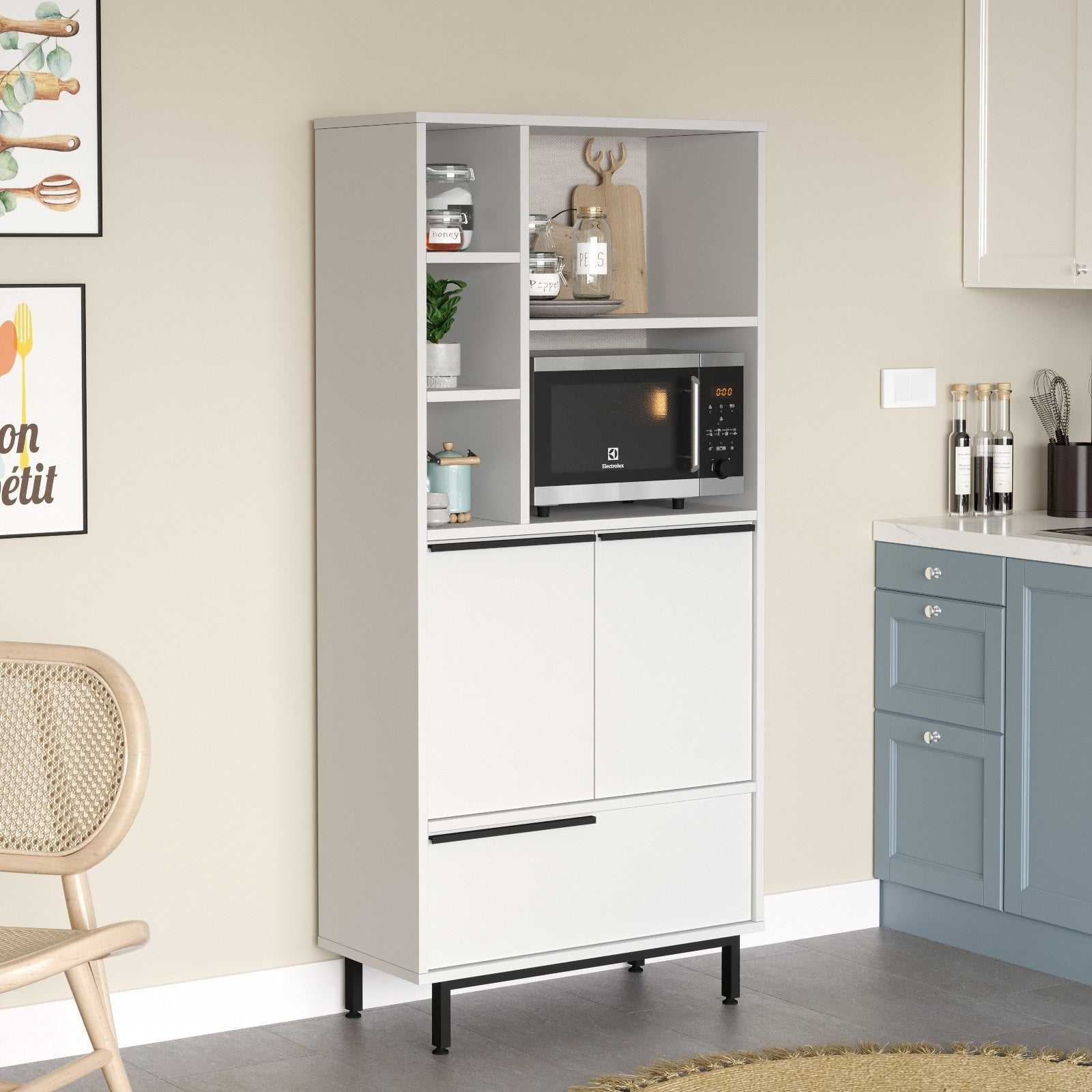 Armário de cozinha branco elegante, 74,8 cm L x 161,6 cm A x 35,5 cm P | Painel de partículas 100% revestido de melamina, 18 mm de espessura | Pés de metal duráveis, design moderno