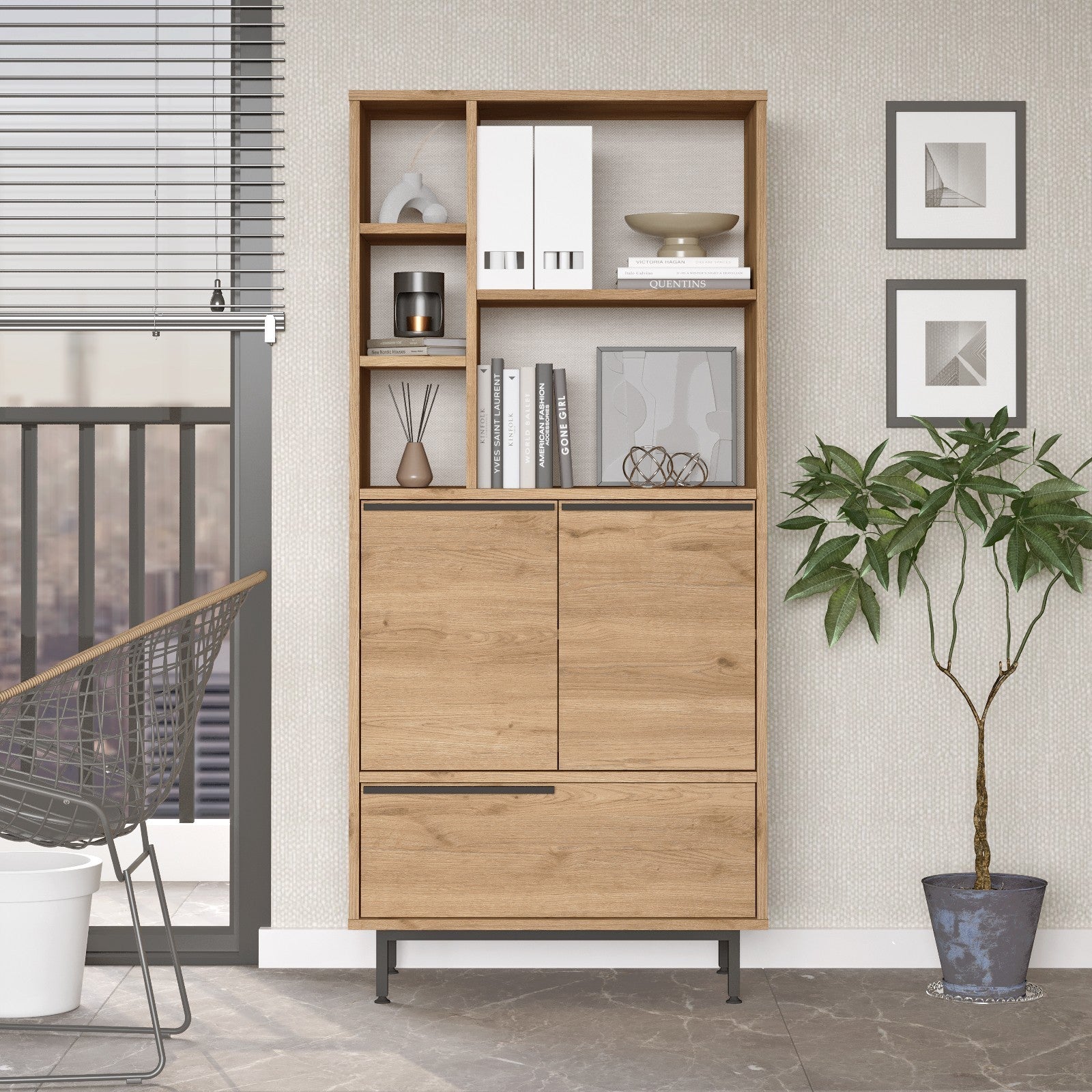 Armário multifuncional elegante, acabamento em nogueira, 74,8 x 161,6 x 35,5 cm | Painel de partículas 100% revestido em melamina, 18 mm de espessura, pernas de metal resistentes | Ideal para armazenamento em casa e no escritório