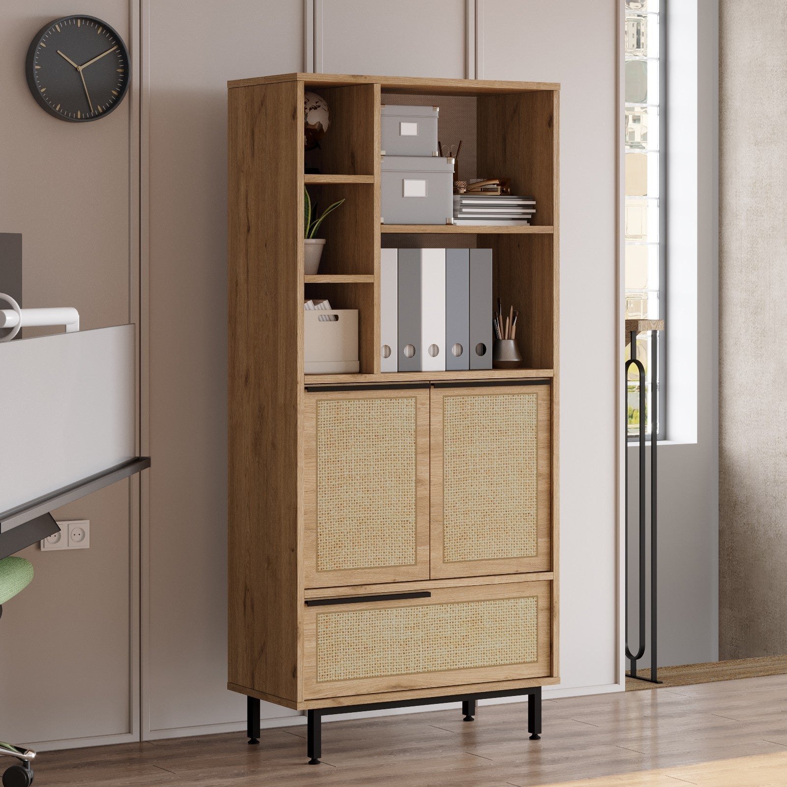 Armário multifuncional elegante, acabamento em nogueira e carvalho, 74,8 x 161,6 x 35,5 cm | 100% revestido em melamina, 18 mm de espessura, pernas de metal, revestimento UV | Ideal para casa e escritório