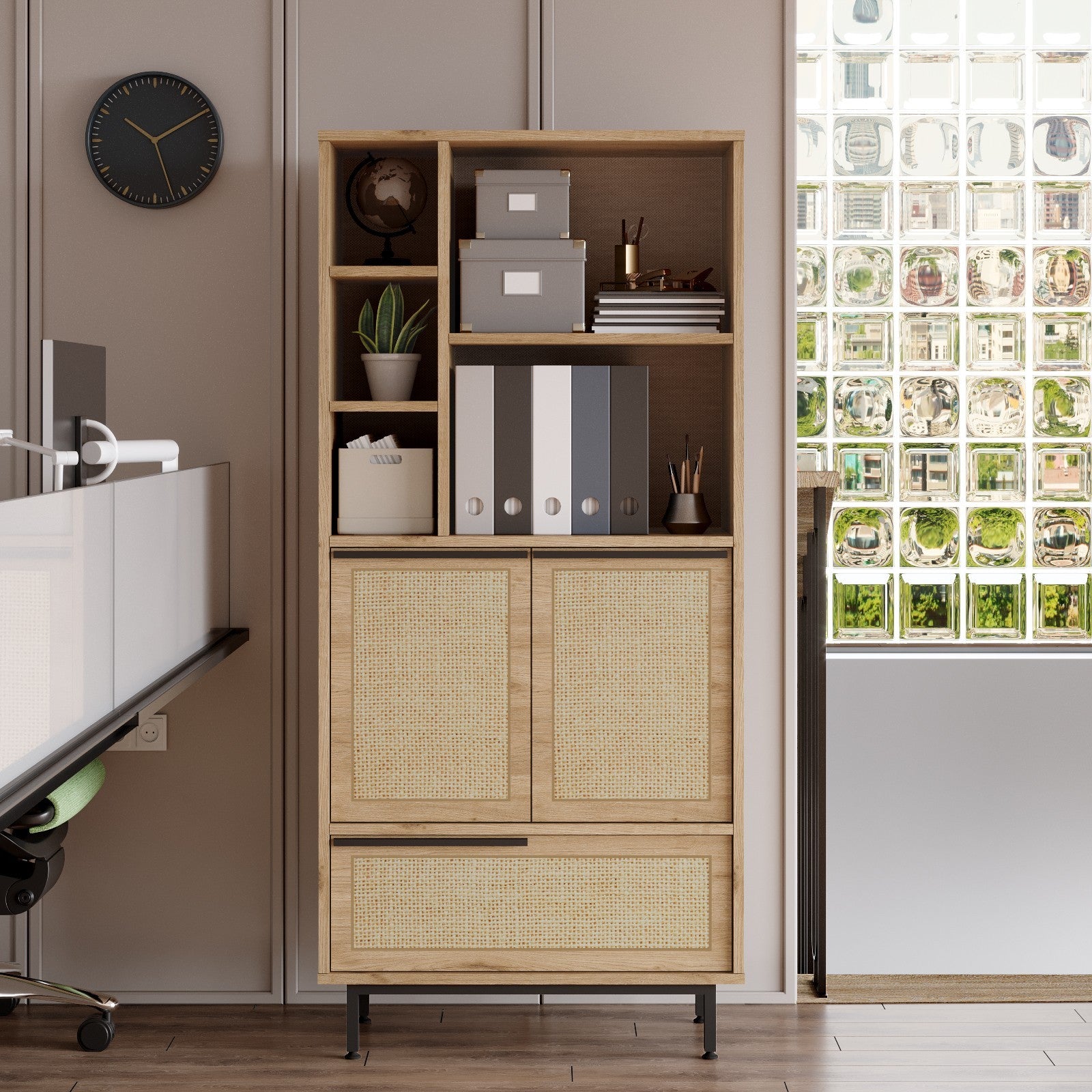 Armário multifuncional elegante, acabamento em nogueira e carvalho, 74,8 x 161,6 x 35,5 cm | 100% revestido em melamina, 18 mm de espessura, pernas de metal, revestimento UV | Ideal para casa e escritório