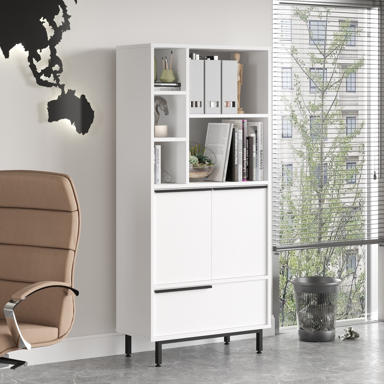 Armário multifuncional elegante, branco, 74,8 x 161,6 x 35,5 cm | Painel de partículas 100% revestido de melamina, 18 mm de espessura | Pés de metal duráveis, ideal para casa e escritório