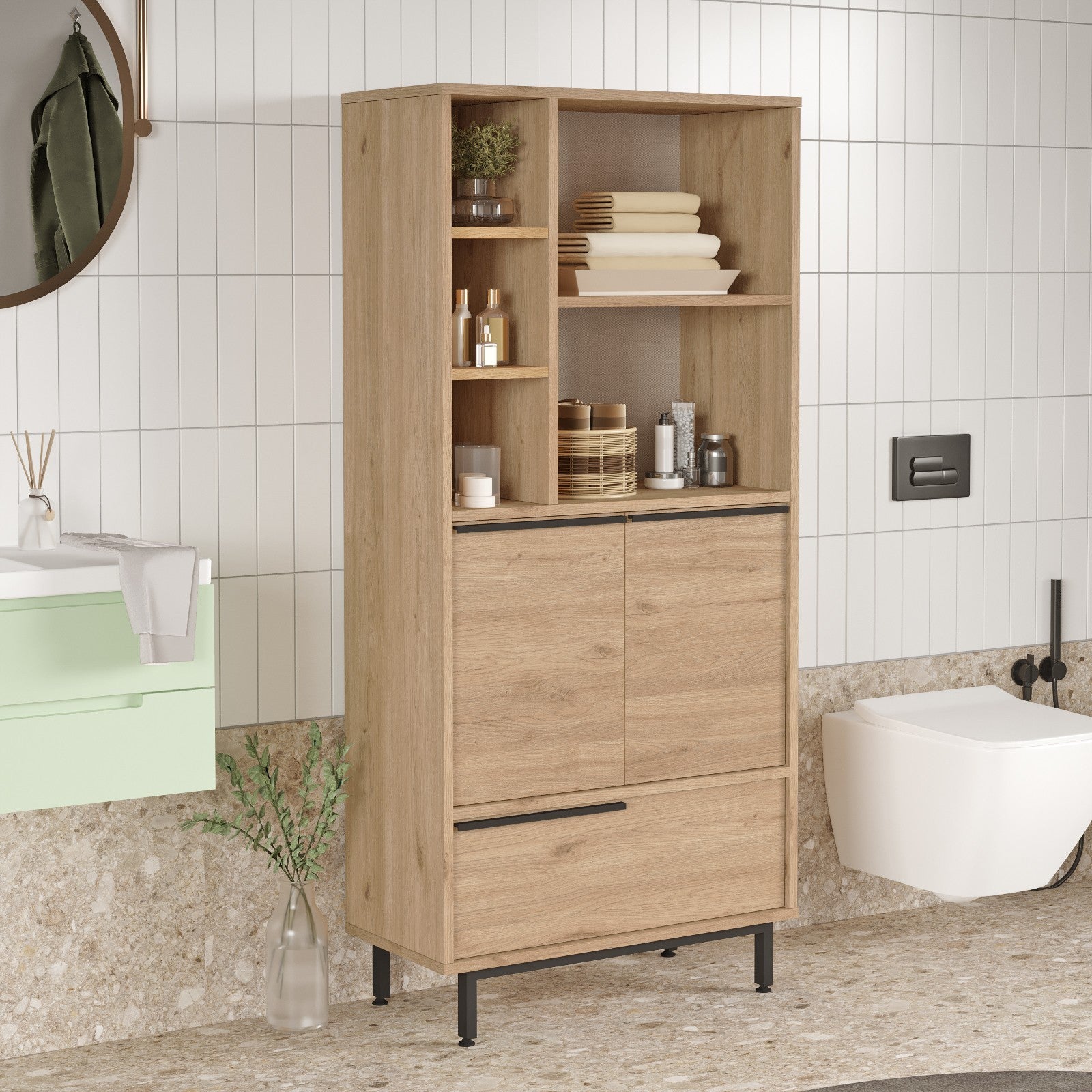 Armário de casa de banho – 74,8 x 161,6 x 35,5 cm – Nogal – Painel de partículas revestido a melamina