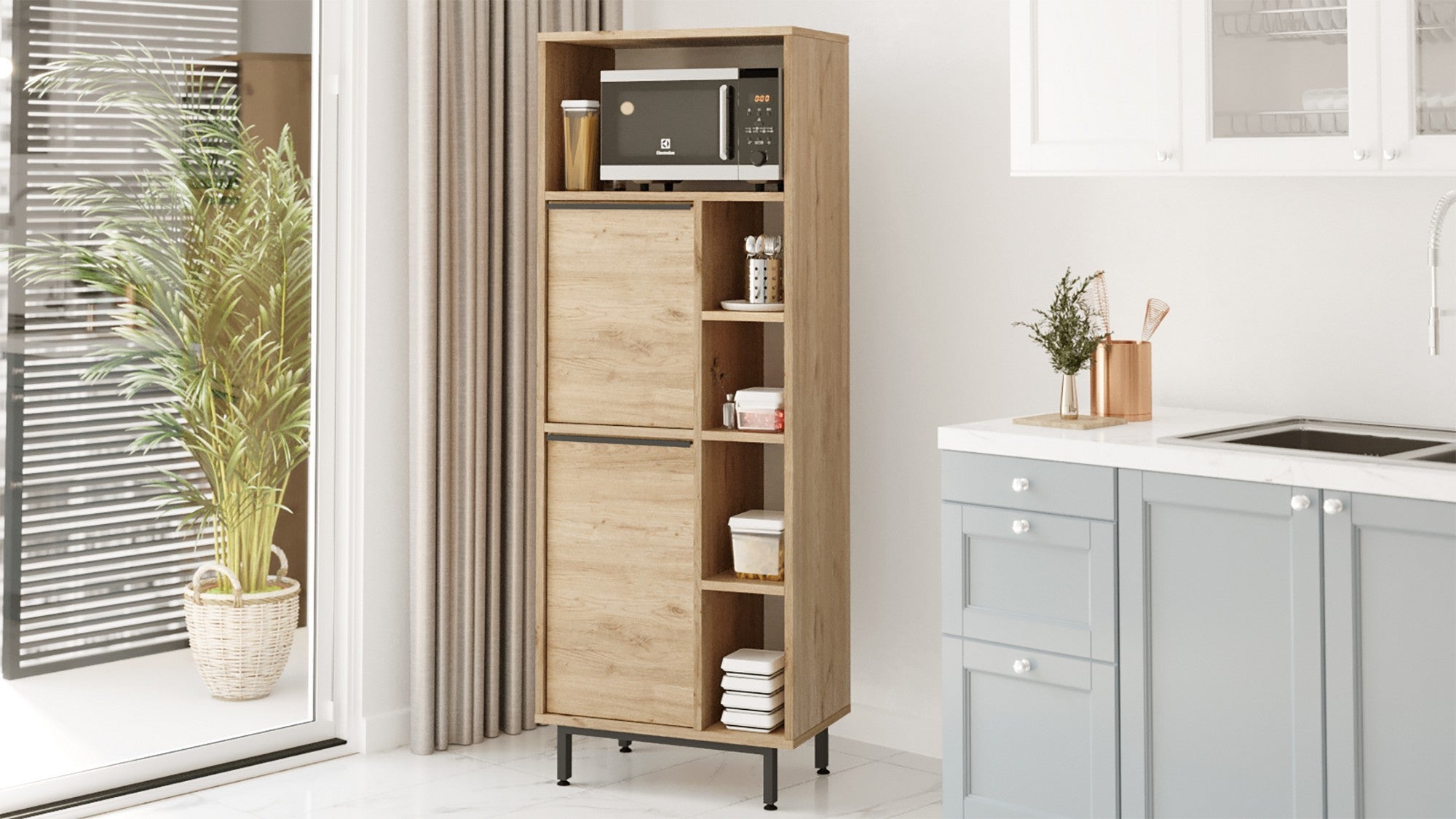 Armário de Cozinha – 160 cm x 45,1 cm x 35,5 cm – Nogueira – Painel de partículas revestido a melamina