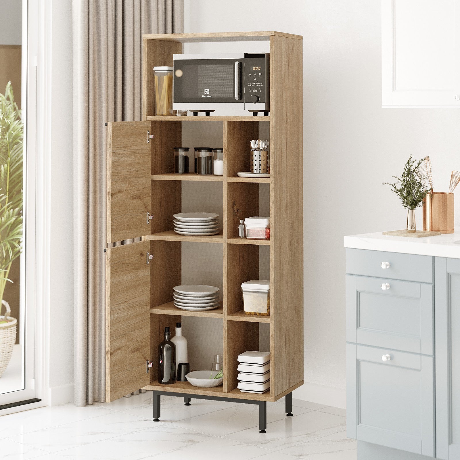 Armário de Cozinha – 160 cm x 45,1 cm x 35,5 cm – Nogueira – Painel de partículas revestido a melamina