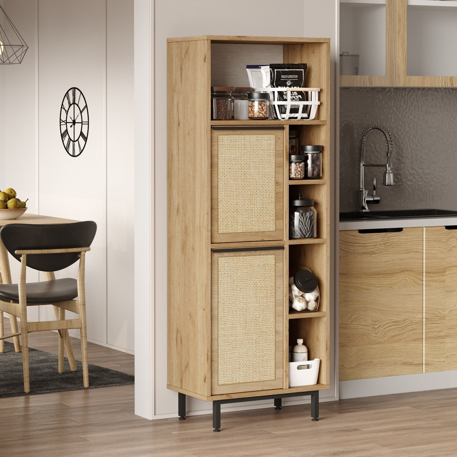 Armário de cozinha elegante, acabamento em nogueira e carvalho, 60 cm L x 149,6 cm A x 35,5 cm P | 100% revestido em melamina, pernas de metal, revestimento UV | Solução de armazenamento moderna