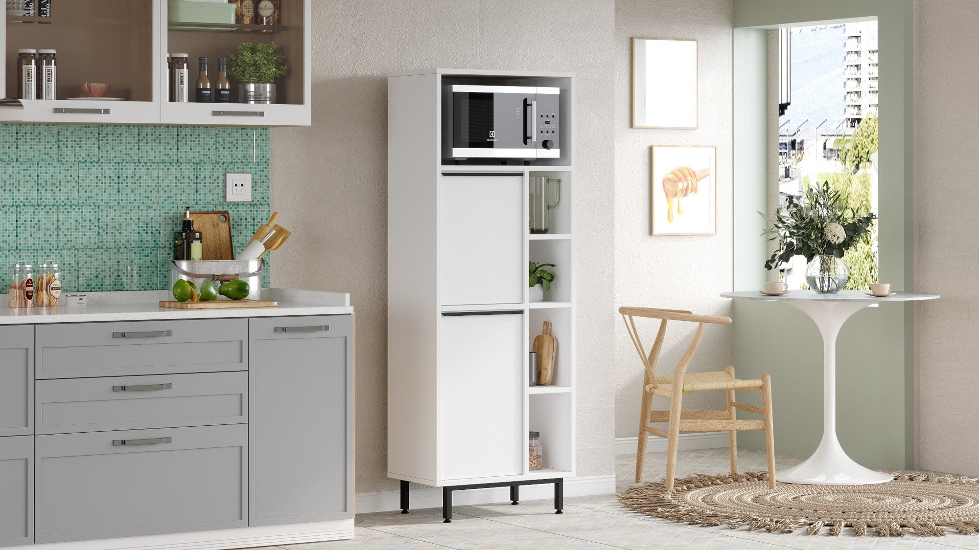 Armário de cozinha branco elegante, 160 cm x 45,1 cm x 35,5 cm | Painel de partículas 100% revestido de melamina, 18 mm de espessura | Pés de metal duráveis, design moderno