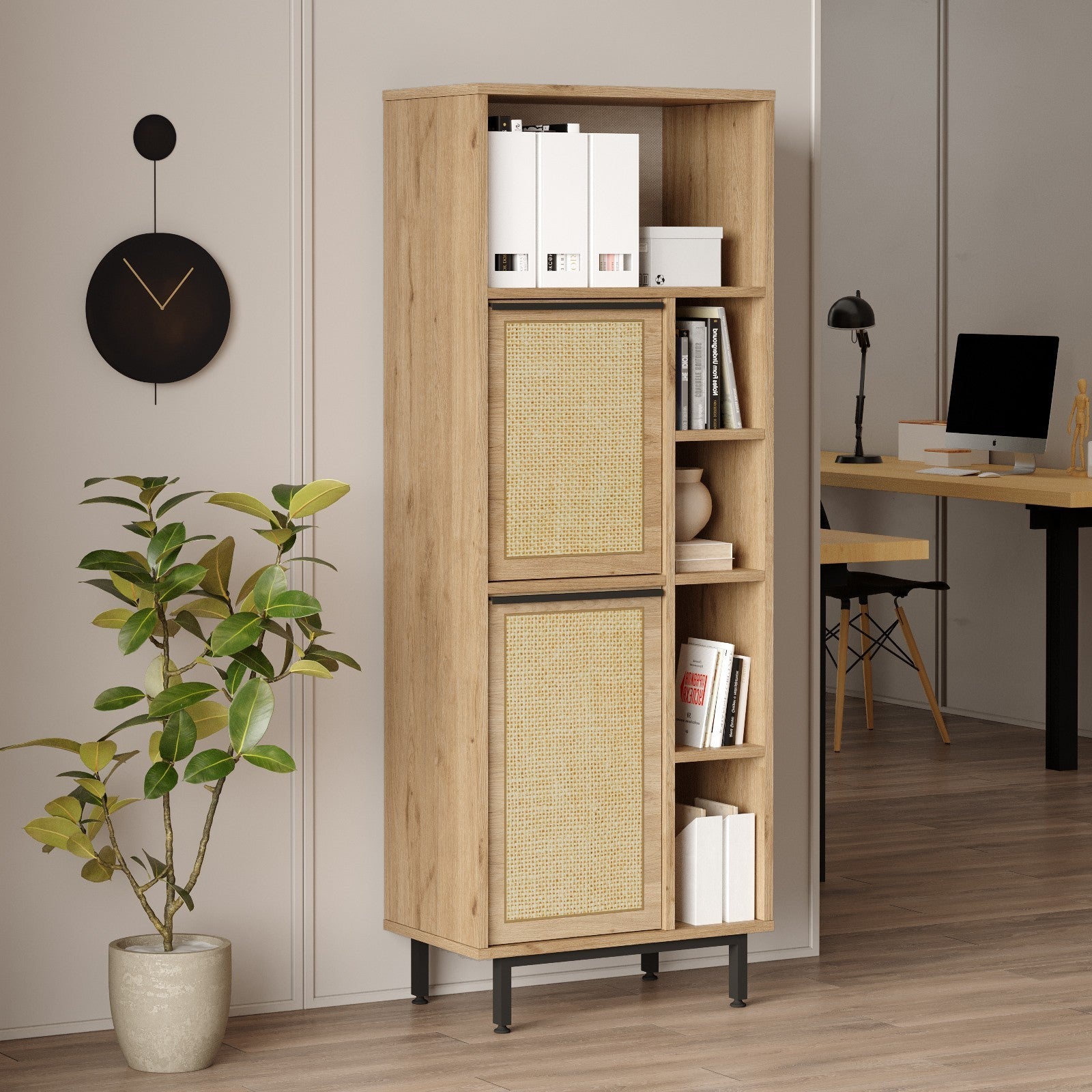 Armário multifuncional elegante, acabamento em nogueira e carvalho, 160 x 45,1 x 35,5 cm | 100% revestido em melamina, 18 mm de espessura, pernas de metal, revestimento UV | Ideal para casa e escritório