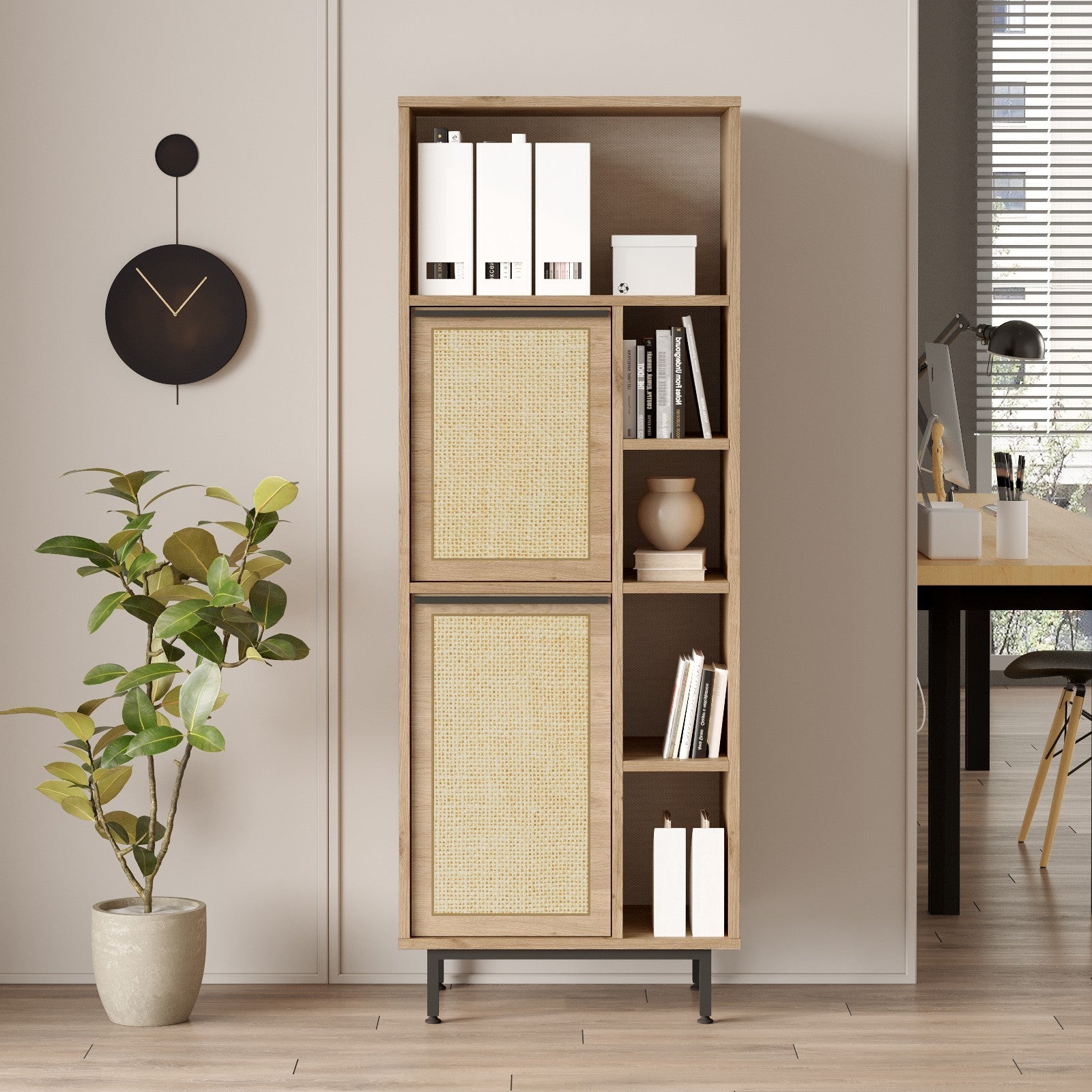 Armário multifuncional elegante, acabamento em nogueira e carvalho, 160 x 45,1 x 35,5 cm | 100% revestido em melamina, 18 mm de espessura, pernas de metal, revestimento UV | Ideal para casa e escritório