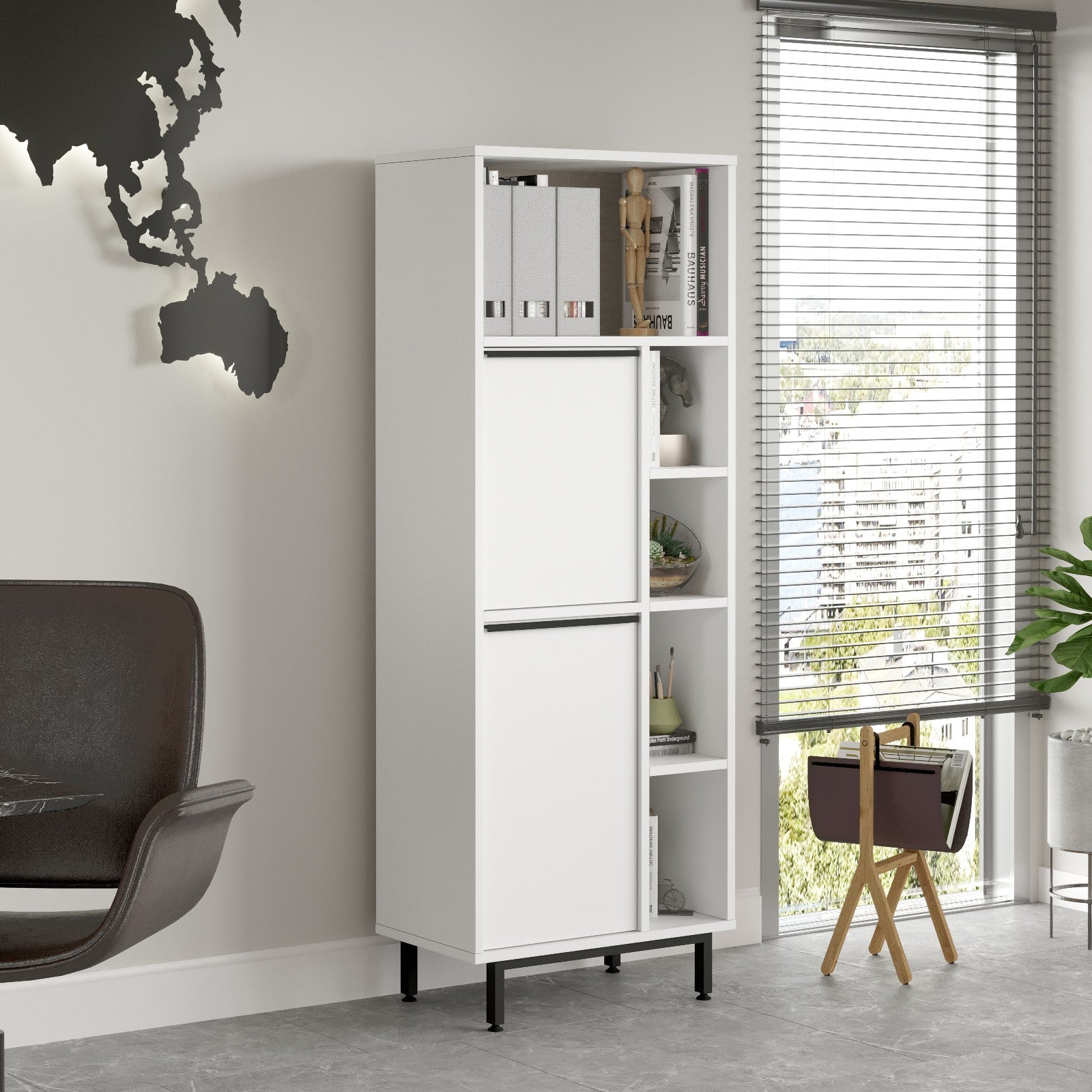 Armário multifuncional elegante, branco, 160 x 45,1 x 35,5 cm | Painel de partículas 100% revestido de melamina, 18 mm de espessura | Pés de metal duráveis, ideal para casa e escritório