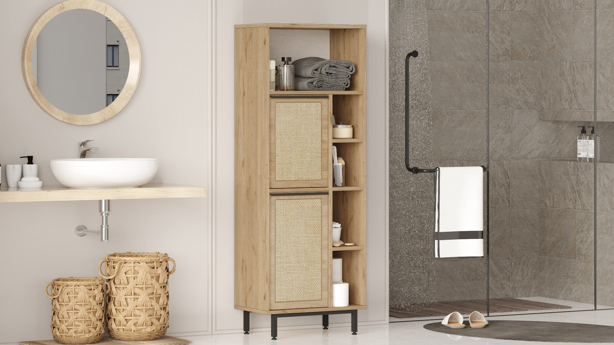 Armário de Banheiro – 60 x 161,6 x 35,5 cm – Nogueira e Carvalho – MDF revestido em melamina