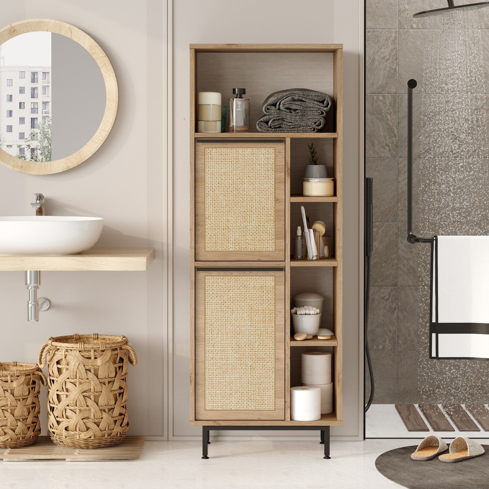 Armário de Banheiro – 60 x 161,6 x 35,5 cm – Nogueira e Carvalho – MDF revestido em melamina