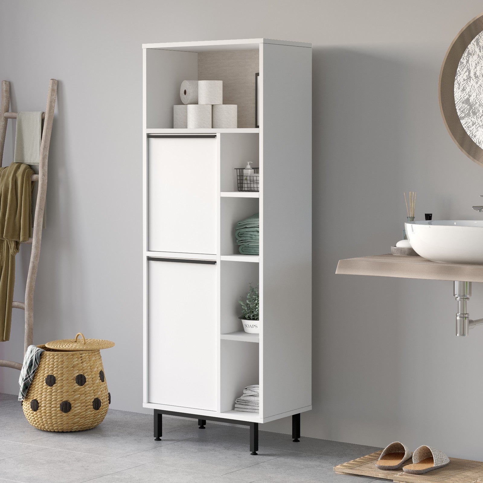 Armário de Banheiro – 60 cm x 161,6 cm x 35,5 cm – Branco – MDF revestido de melamina