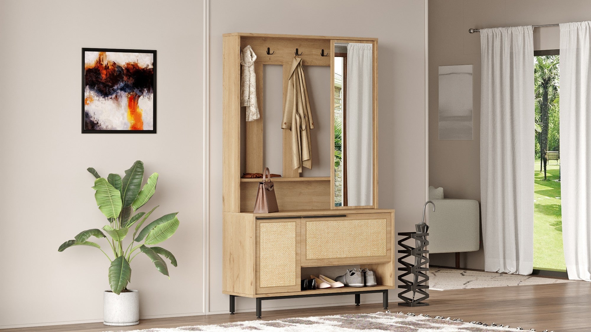 Aparador de hall – 102,2 x 178,2 x 35,5 cm – Nogueira e Carvalho – 100% painel de partículas revestido a melamina