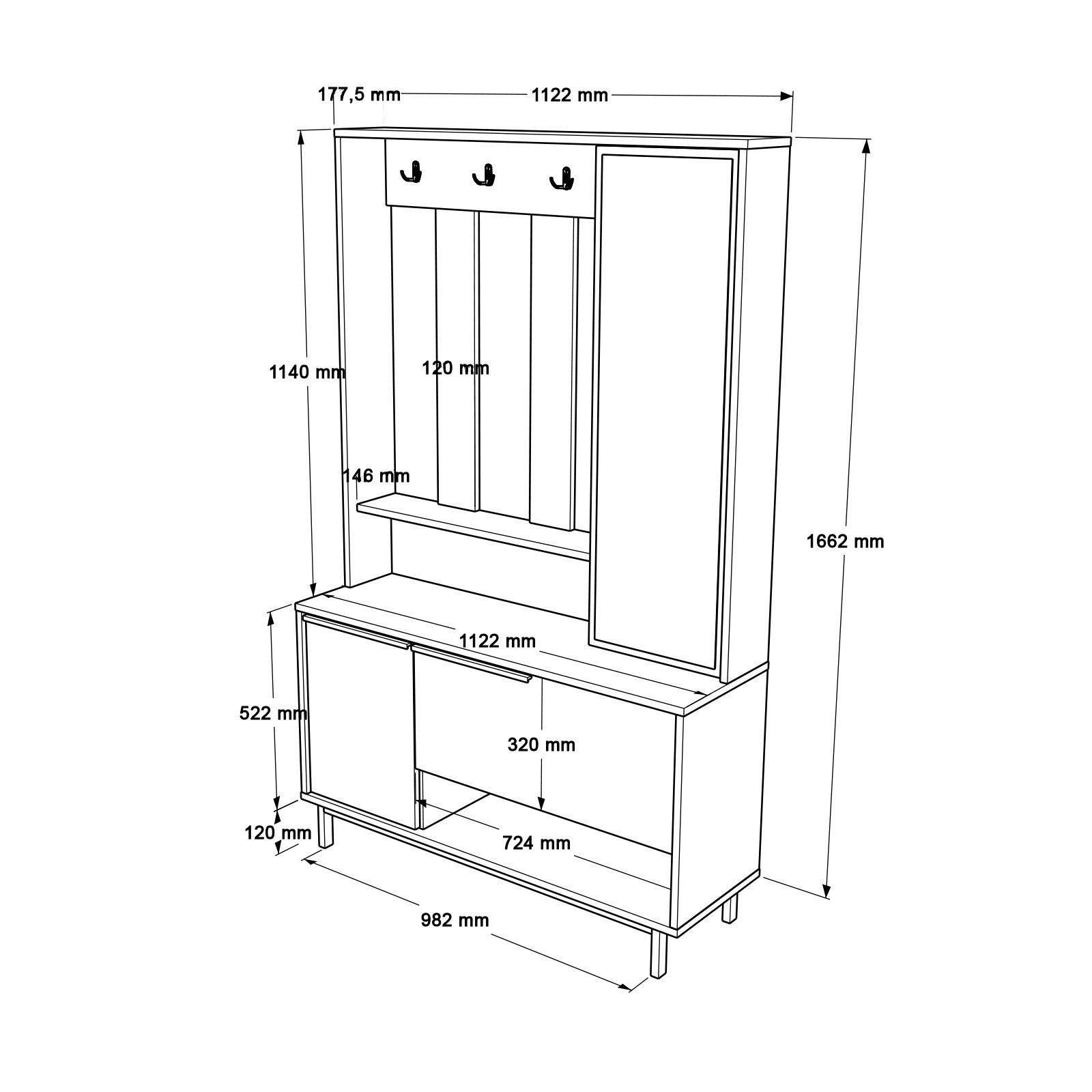 Aparador de hall – 102,2 x 178,2 x 35,5 cm – Nogueira e Carvalho – 100% painel de partículas revestido a melamina