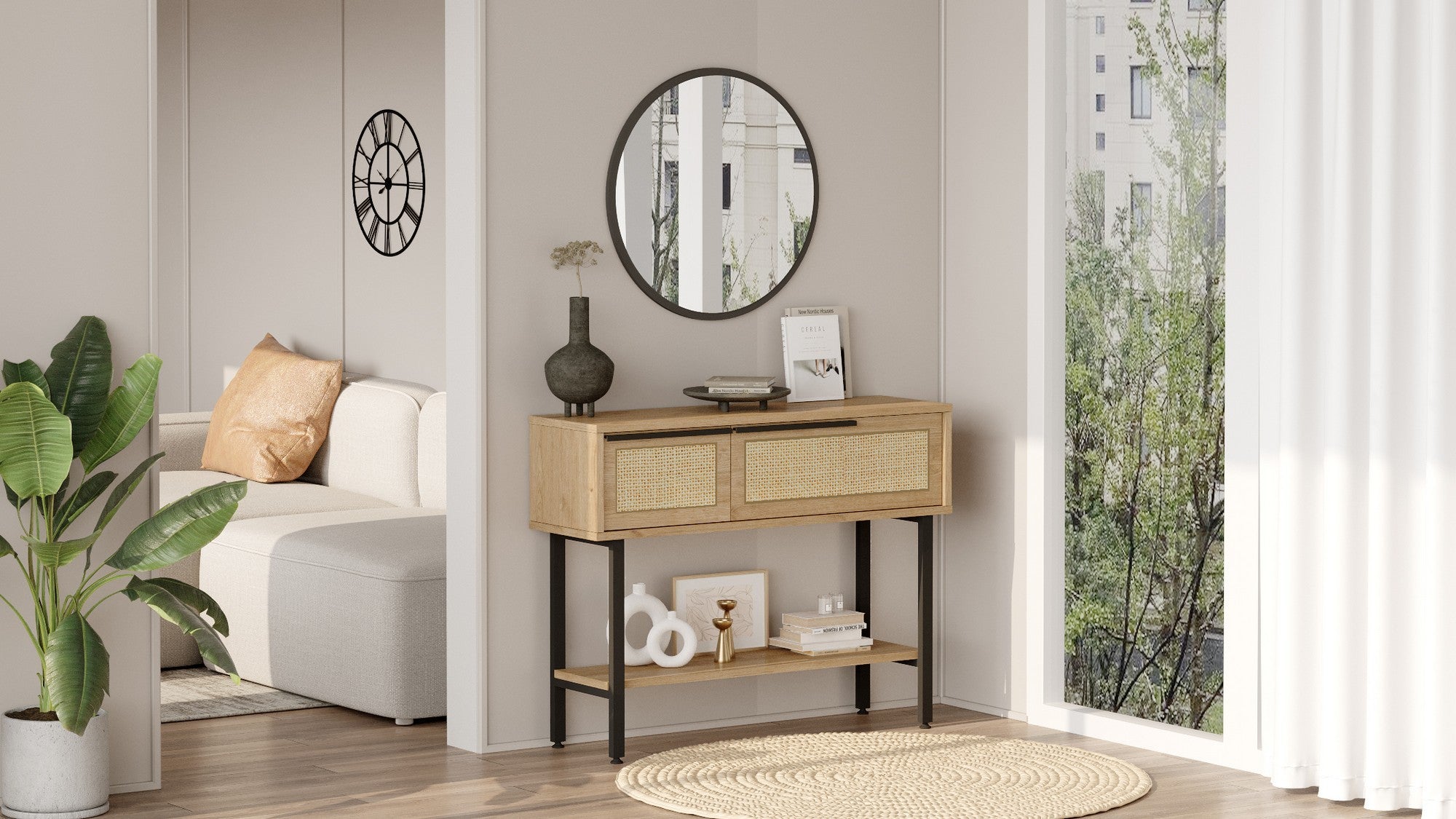 Aparador elegante com espelho, acabamento em nogueira e carvalho, 100 cm x 76 cm x 29,5 cm | Revestimento 100% melamina, pernas de metal, revestimento UV | Solução de armazenamento elegante