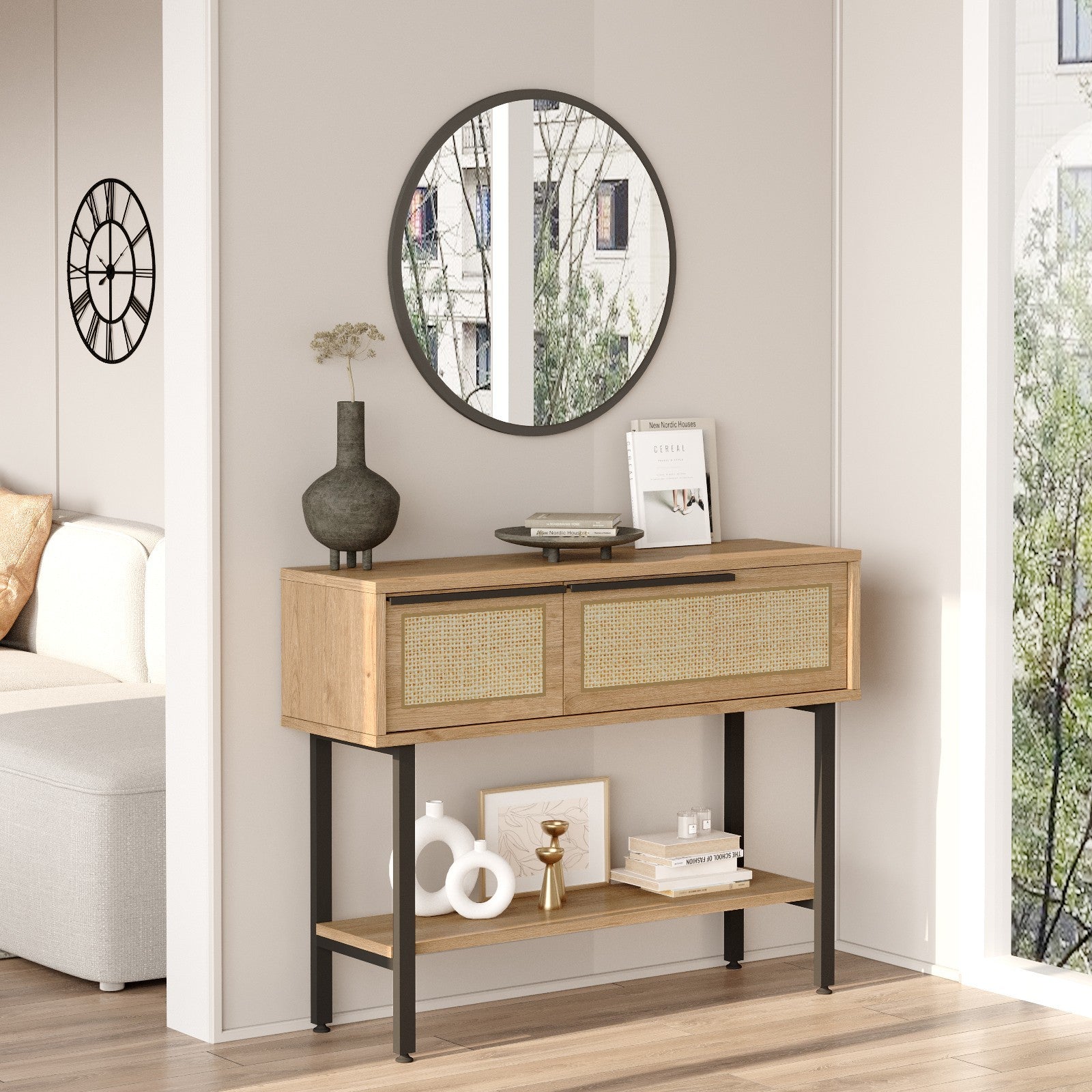 Aparador elegante com espelho, acabamento em nogueira e carvalho, 100 cm x 76 cm x 29,5 cm | Revestimento 100% melamina, pernas de metal, revestimento UV | Solução de armazenamento elegante