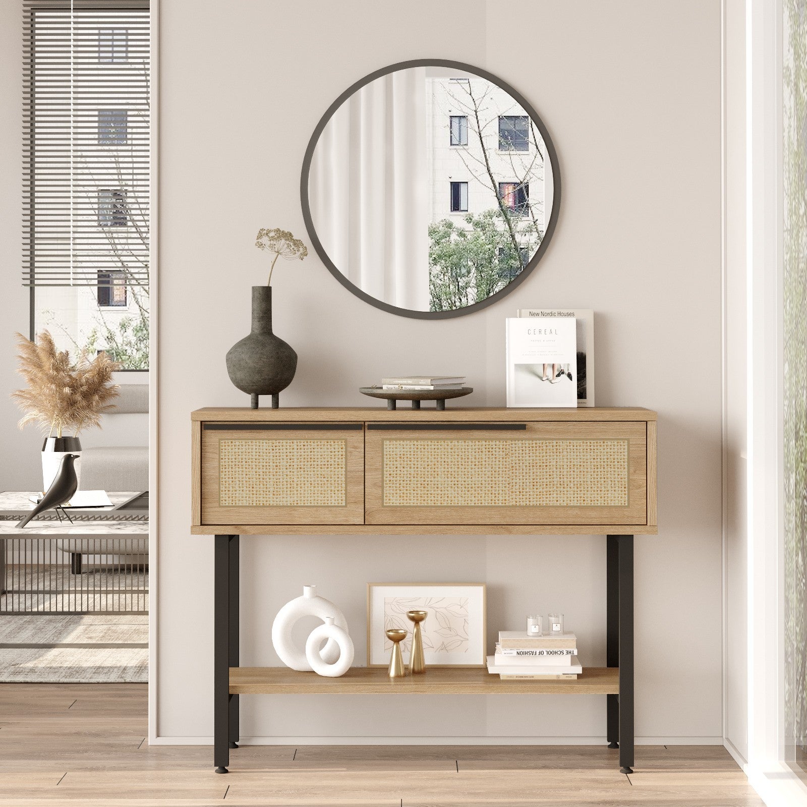 Aparador elegante com espelho, acabamento em nogueira e carvalho, 100 cm x 76 cm x 29,5 cm | Revestimento 100% melamina, pernas de metal, revestimento UV | Solução de armazenamento elegante