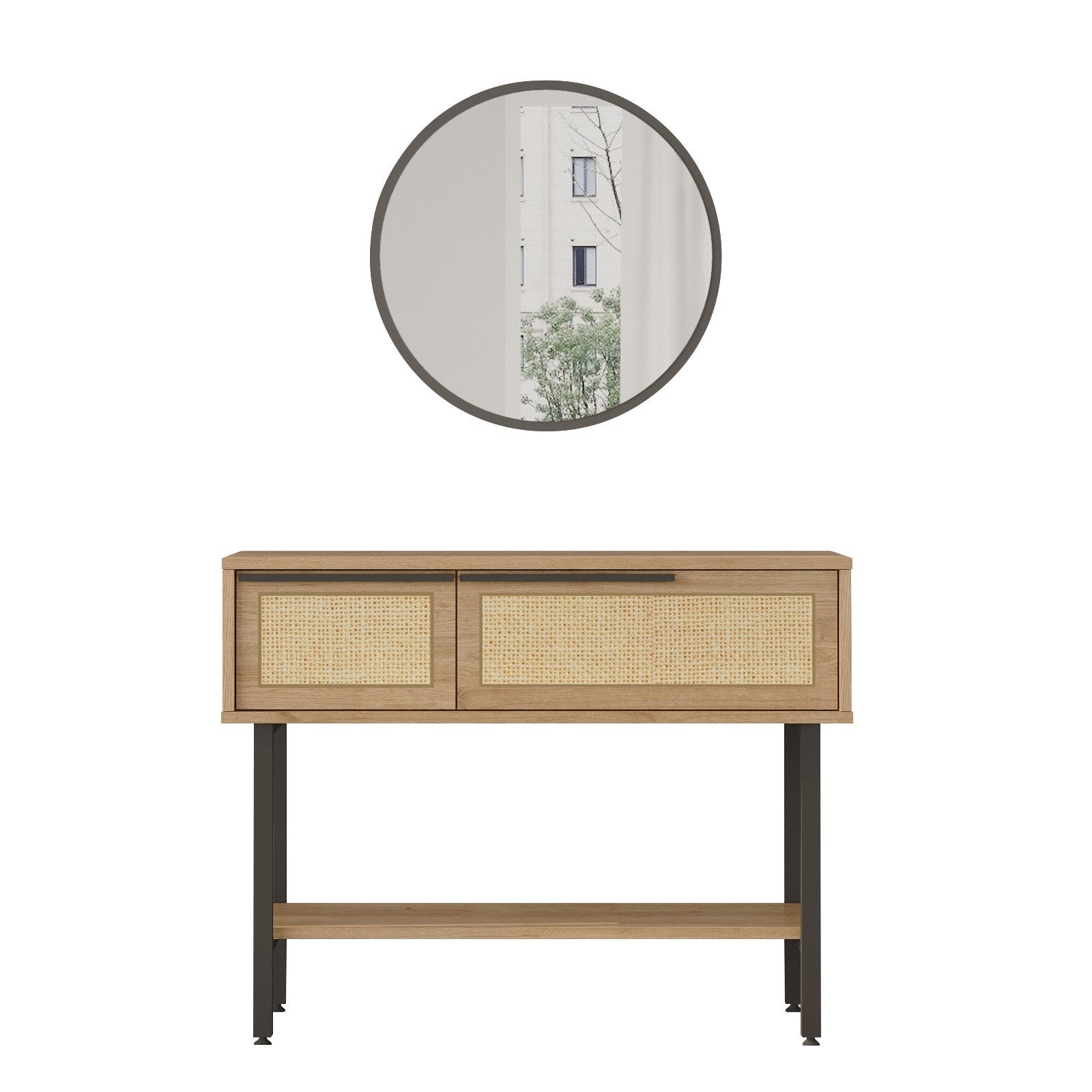 Aparador elegante com espelho, acabamento em nogueira e carvalho, 100 cm x 76 cm x 29,5 cm | Revestimento 100% melamina, pernas de metal, revestimento UV | Solução de armazenamento elegante