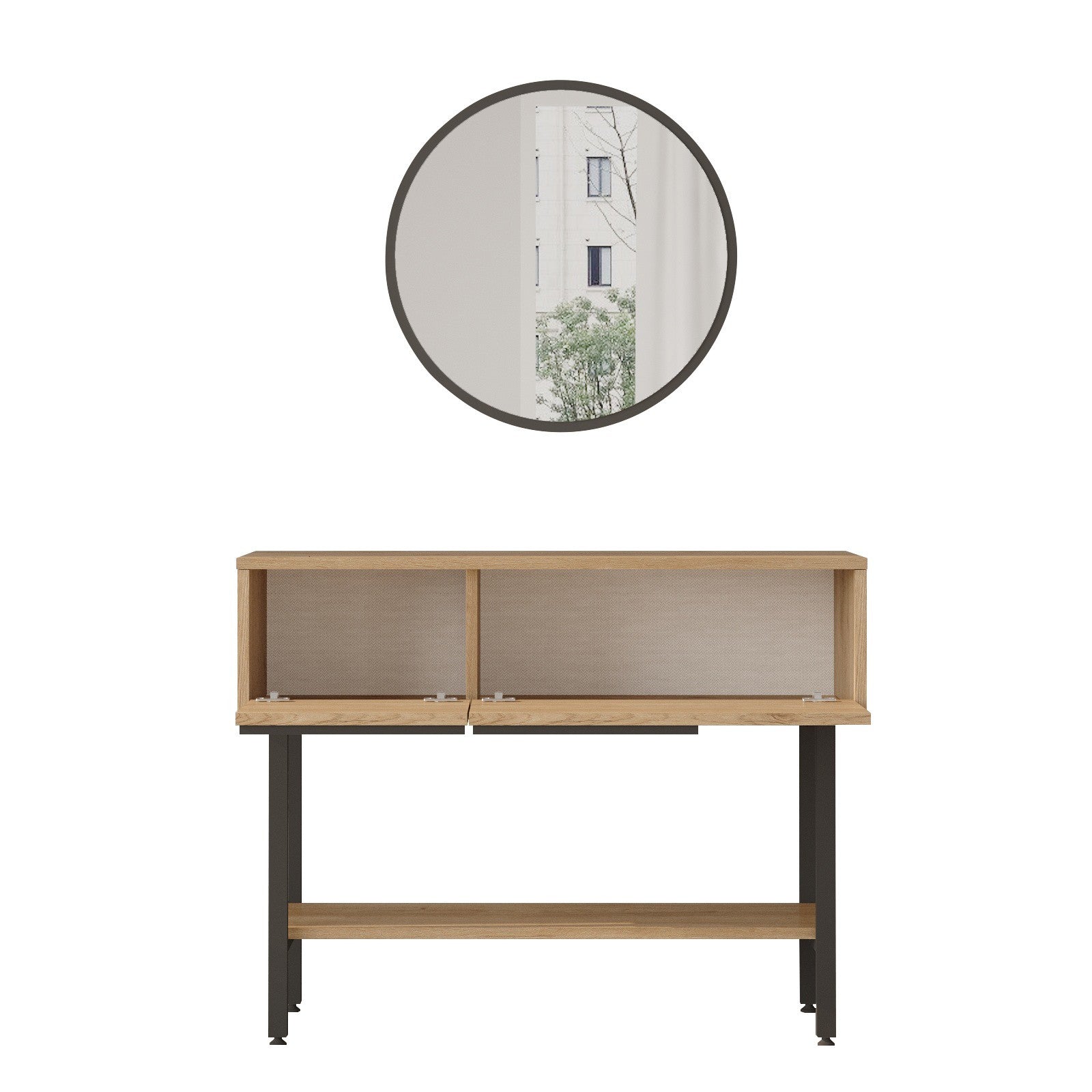 Aparador elegante com espelho, acabamento em nogueira e carvalho, 100 cm x 76 cm x 29,5 cm | Revestimento 100% melamina, pernas de metal, revestimento UV | Solução de armazenamento elegante