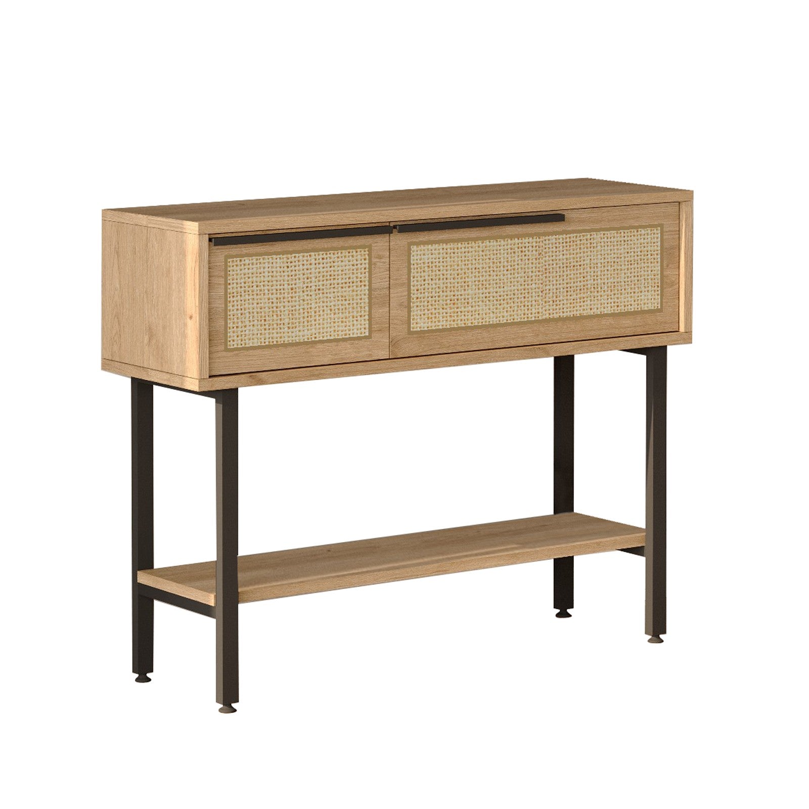 Aparador elegante com espelho, acabamento em nogueira e carvalho, 100 cm x 76 cm x 29,5 cm | Revestimento 100% melamina, pernas de metal, revestimento UV | Solução de armazenamento elegante